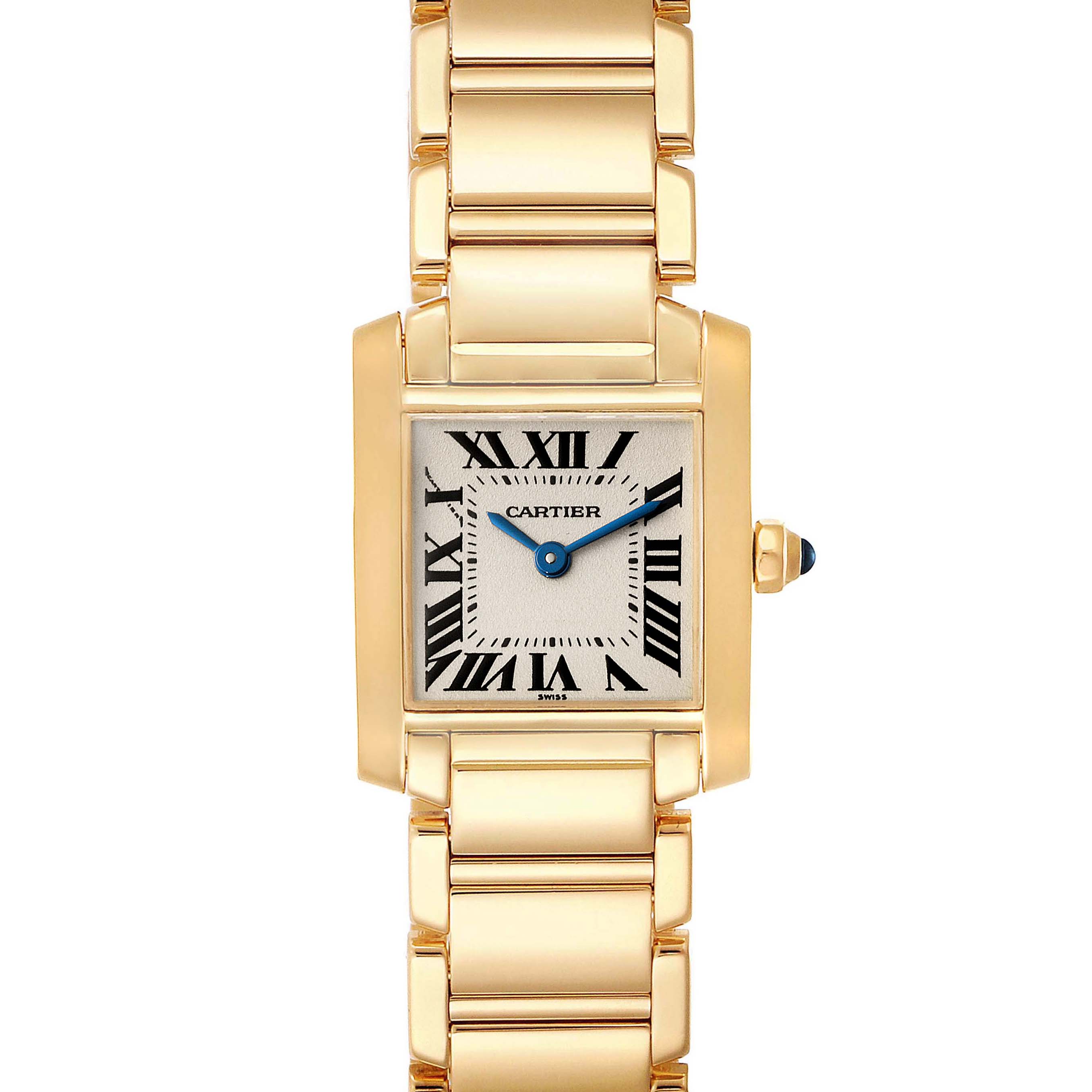 The image shows a frontal view of a Cartier Tank Francaise W50002N2 Women
s Yellow Gold Silver Dial W50002N2 Women
s Yellow Gold Silver Dial watch, highlighting its rectangular face and gold metal band.