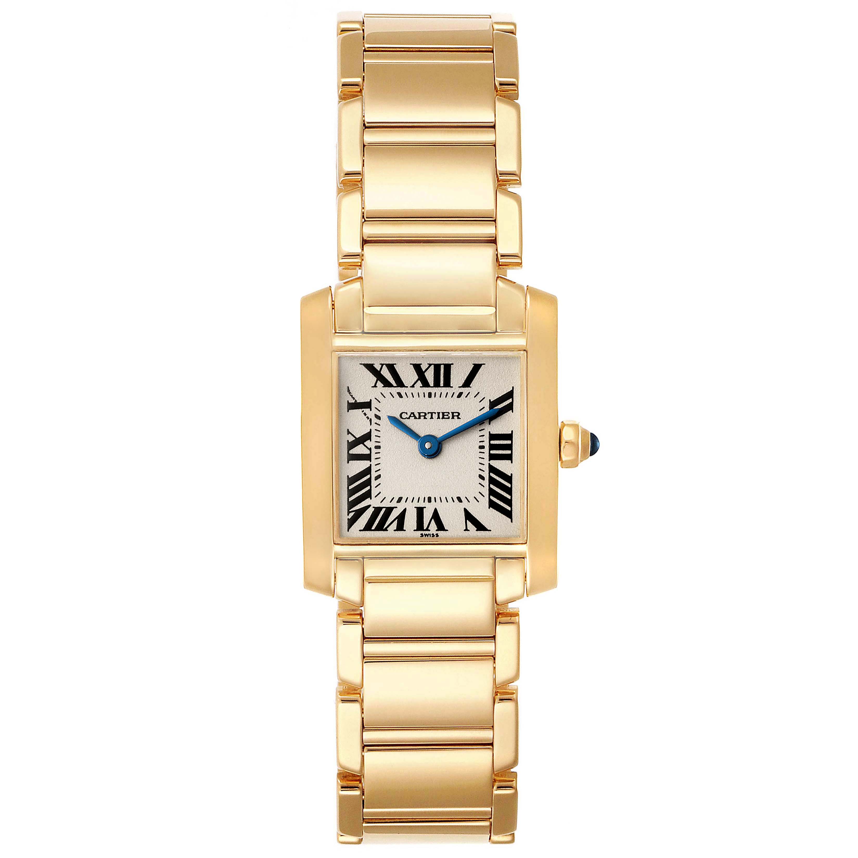 The image shows a front view of a Cartier Tank Française watch with its gold bracelet and square face.