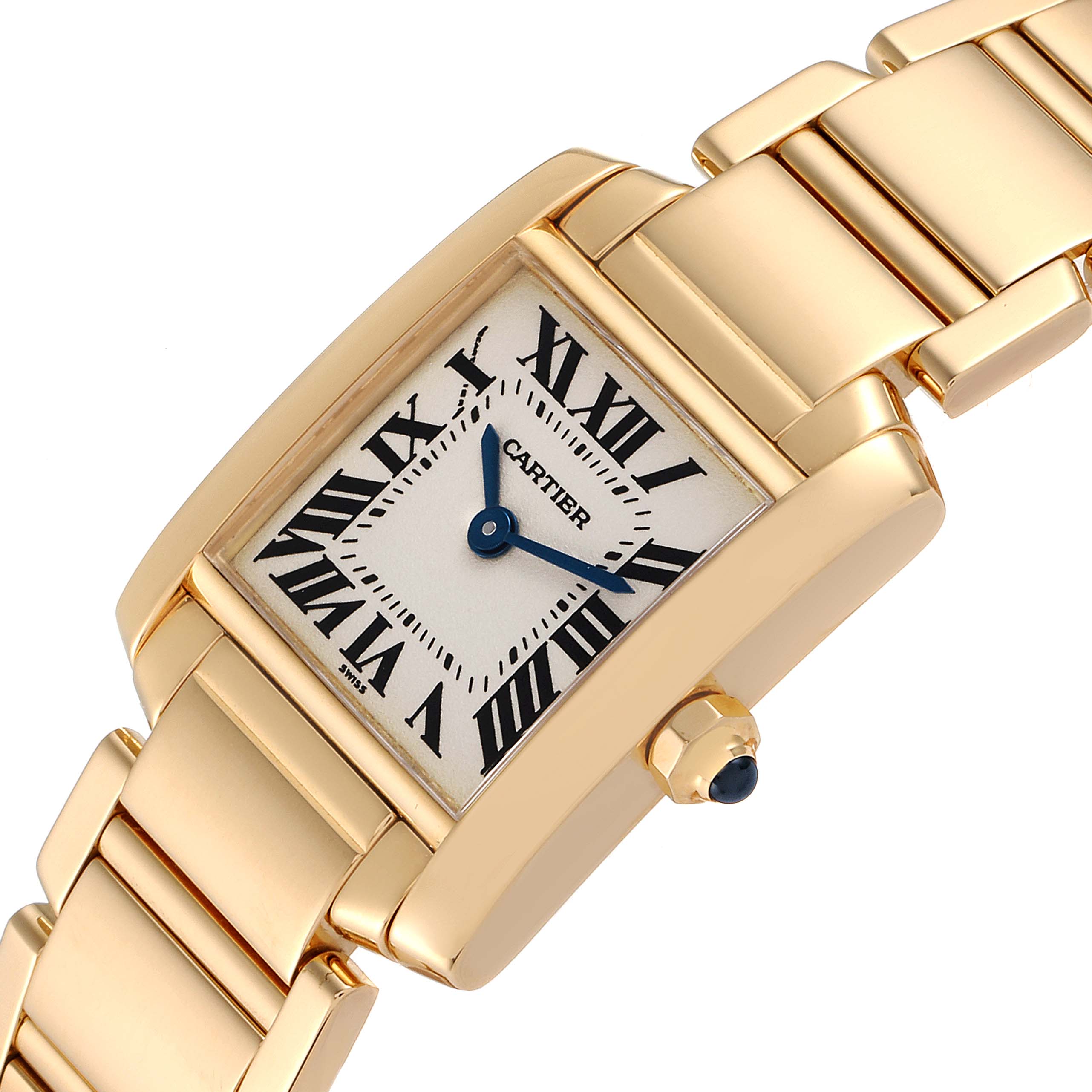 The watch is angled to show the face, Roman numerals, blue hands, crown, and part of the bracelet of the Cartier Tank Francaise W50002N2 Women
s Yellow Gold Silver Dial W50002N2 Women
s Yellow Gold Silver Dial.