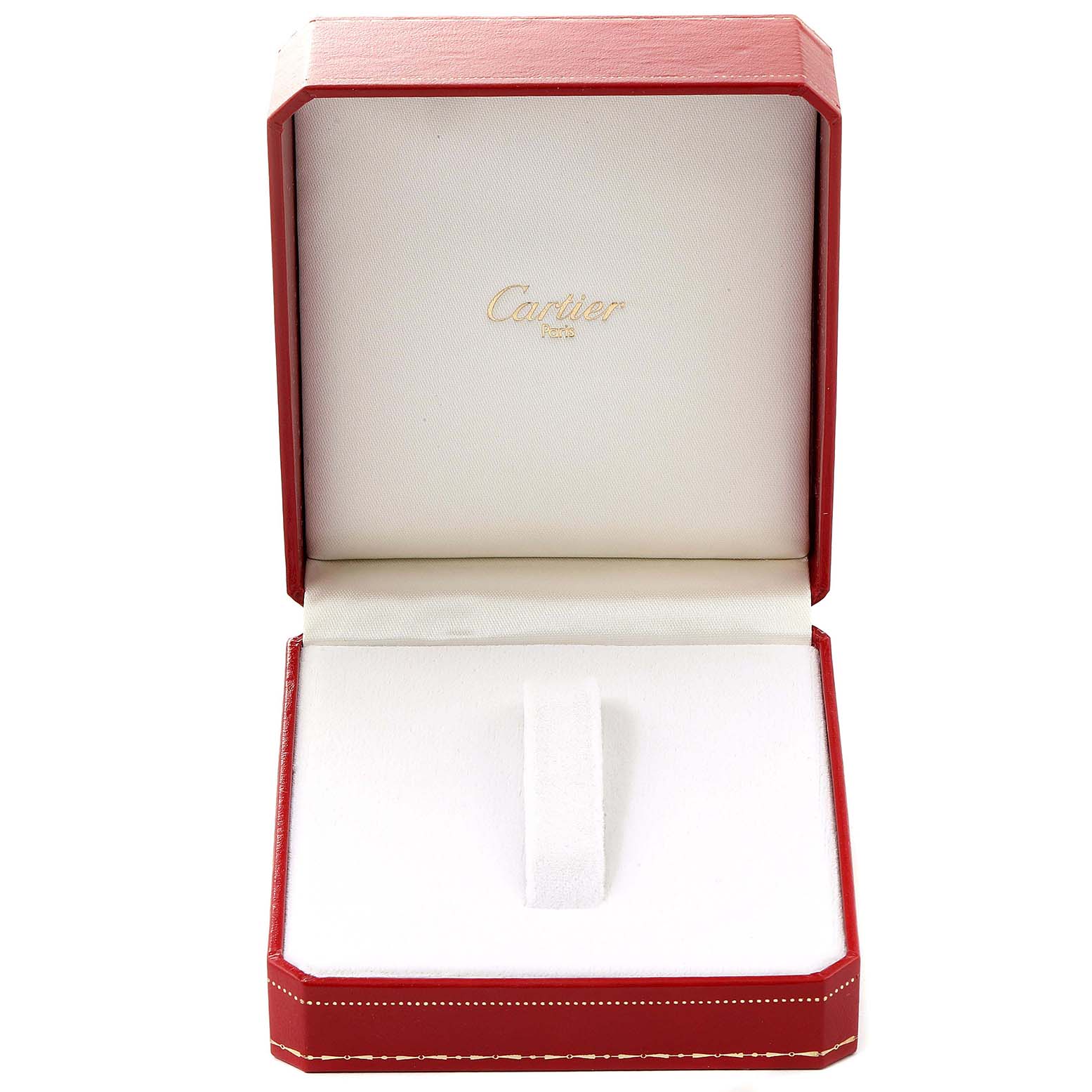 This image shows an open Cartier Tank Francaise W50002N2 Women
s Yellow Gold Silver Dial W50002N2 Women
s Yellow Gold Silver Dial watch box, featuring the brand
s logo inside.