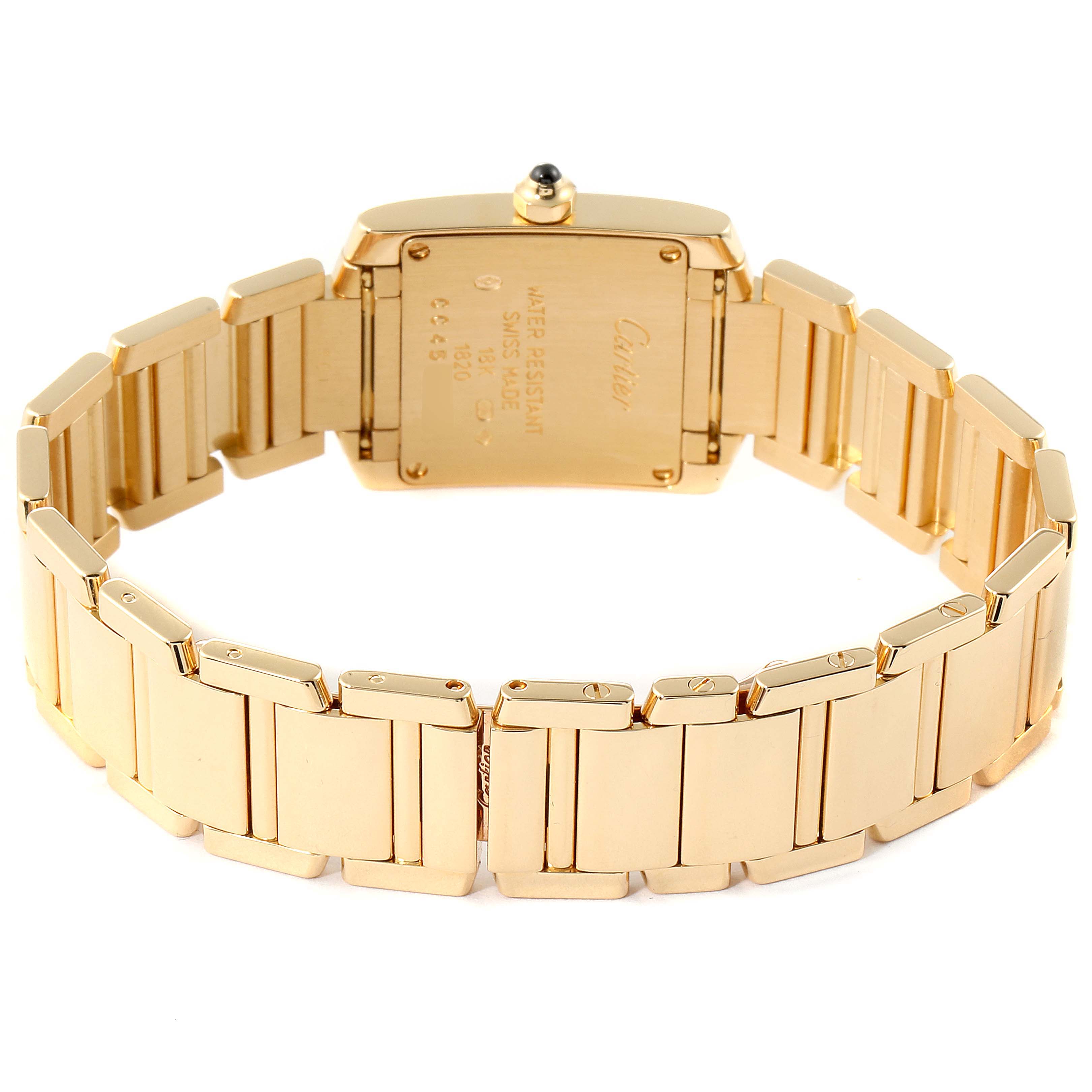 The image shows the back and bracelet of a Cartier Tank Francaise W50002N2 Women
s Yellow Gold Silver Dial W50002N2 Women
s Yellow Gold Silver Dial watch at a slightly tilted angle.