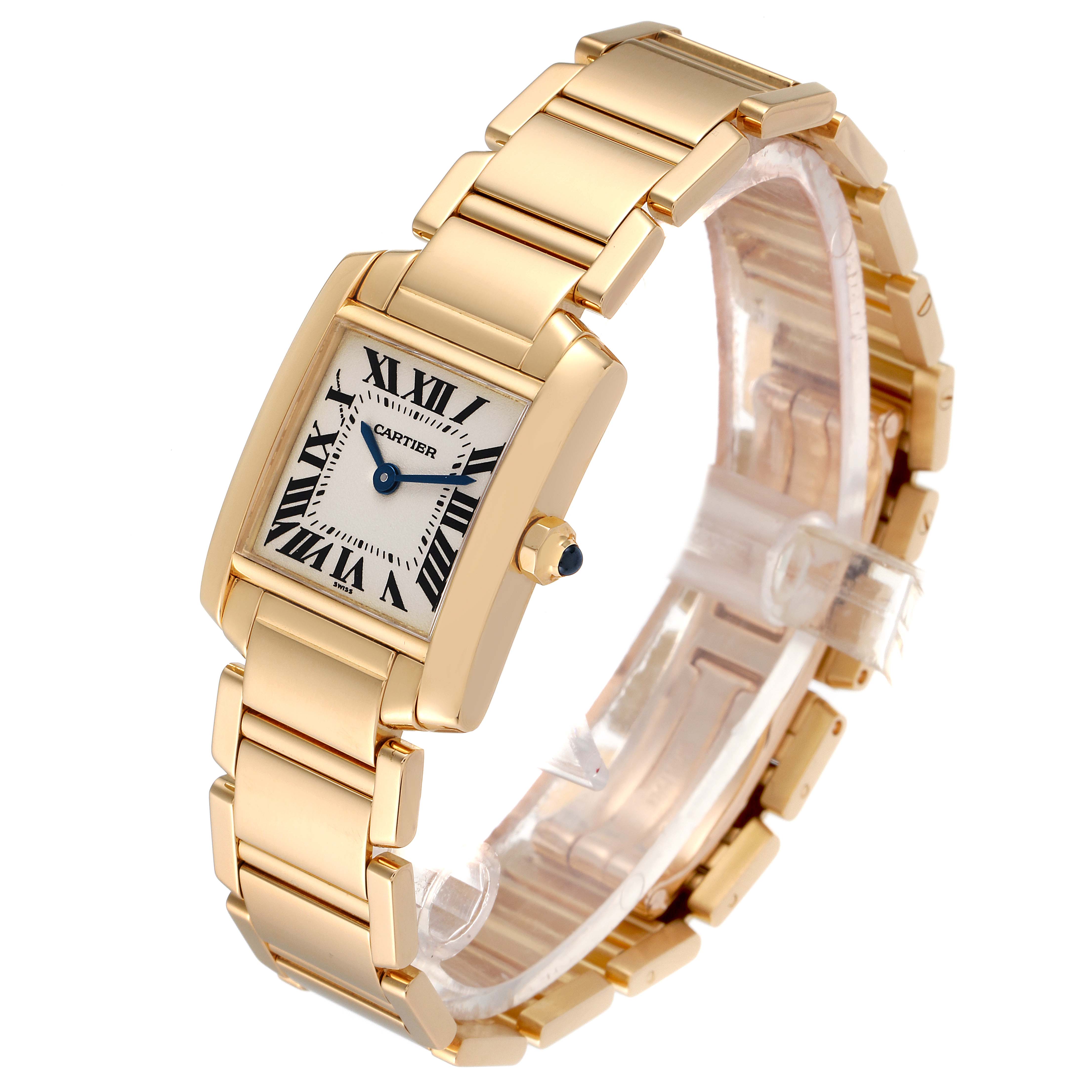 The image shows a Cartier Tank Francaise W50002N2 Women
s Yellow Gold Silver Dial W50002N2 Women
s Yellow Gold Silver Dial watch at an angled side view, highlighting its gold case, bracelet, and dial.