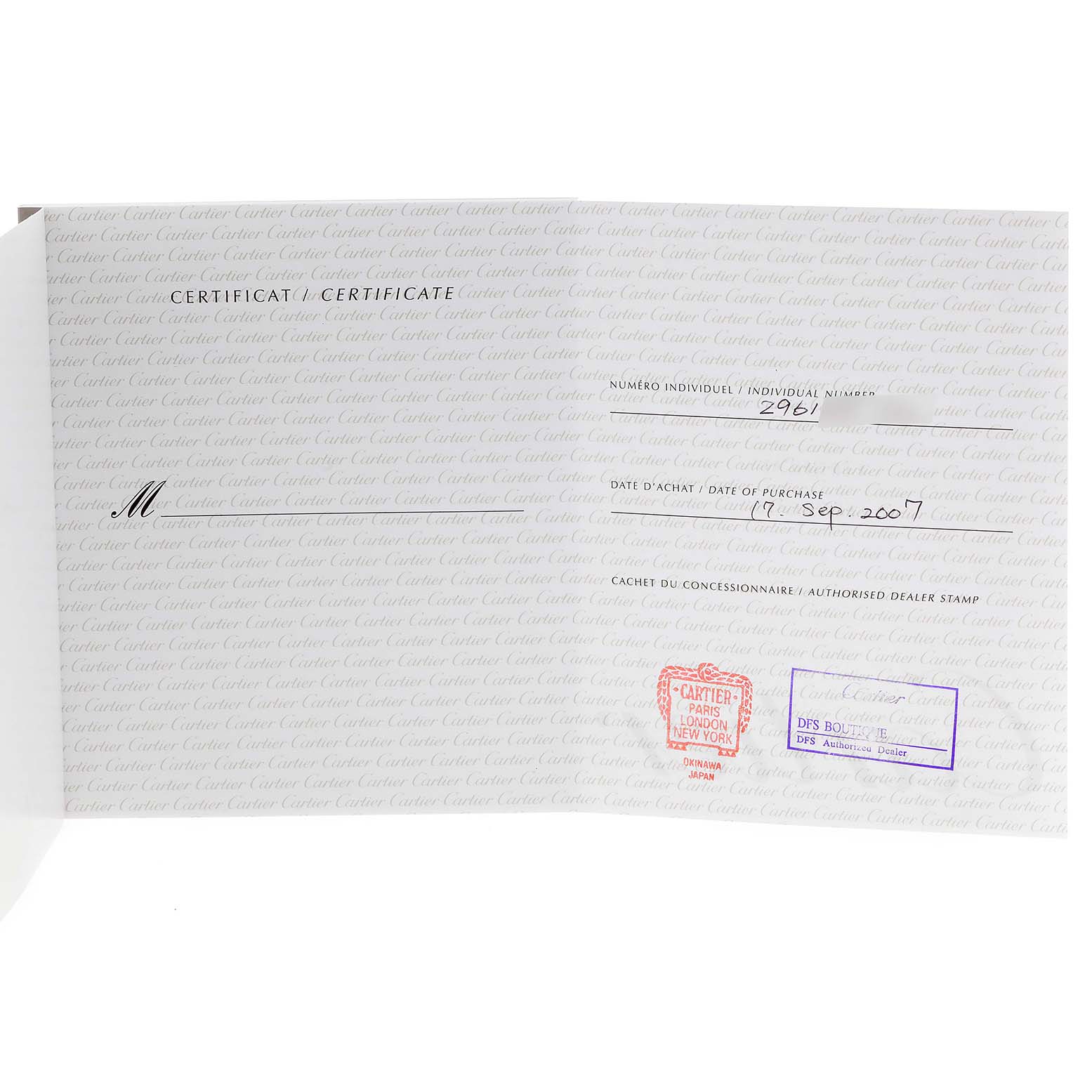 The image shows a certificate of authenticity for a Cartier Tank Solo W1019455 Women's Stainless Steel Orange Dial W1019455 Women's Stainless Steel Orange Dial watch, displaying purchase details and dealer stamps.