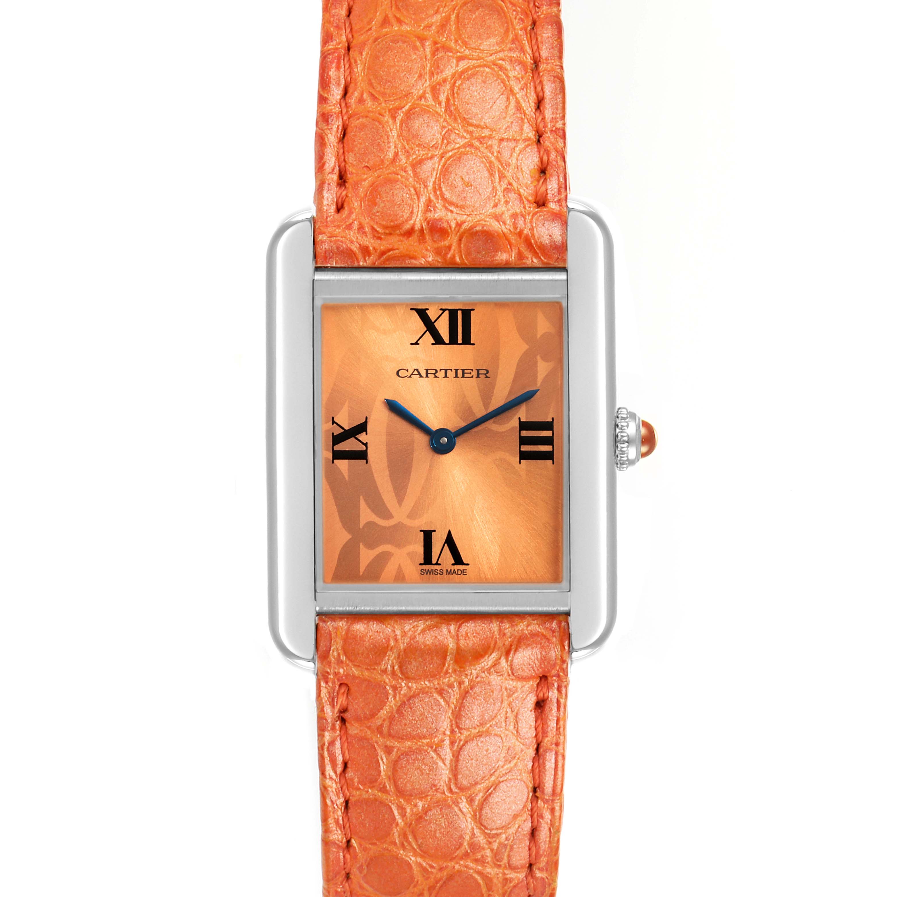 This Cartier Tank Solo W1019455 Women's Stainless Steel Orange Dial W1019455 Women's Stainless Steel Orange Dial watch is shown from a top-down angle, highlighting its orange leather strap and rectangular dial.