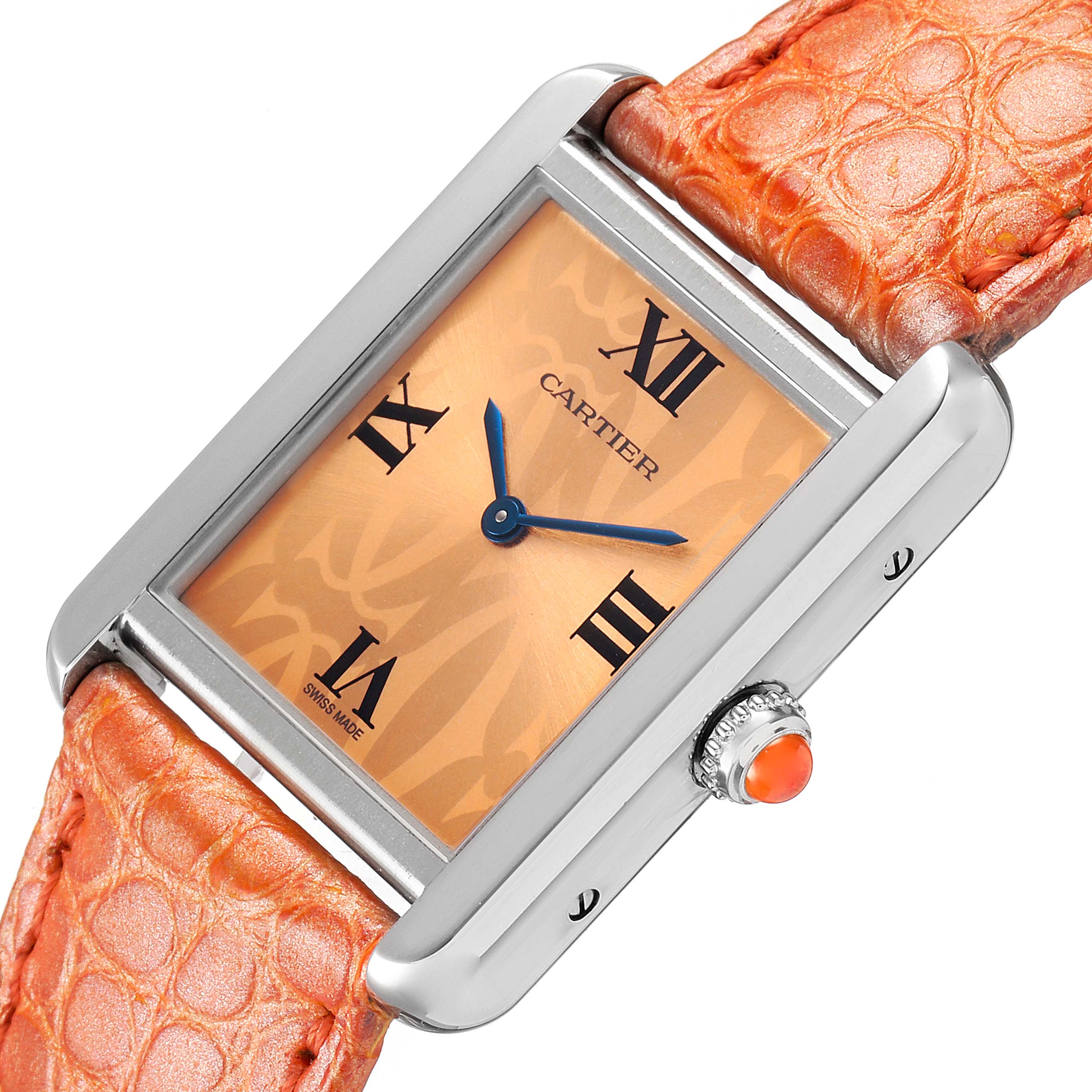 The image shows a close-up angle of the Cartier Tank Solo W1019455 Women's Stainless Steel Orange Dial W1019455 Women's Stainless Steel Orange Dial watch, highlighting its orange dial and matching leather strap.