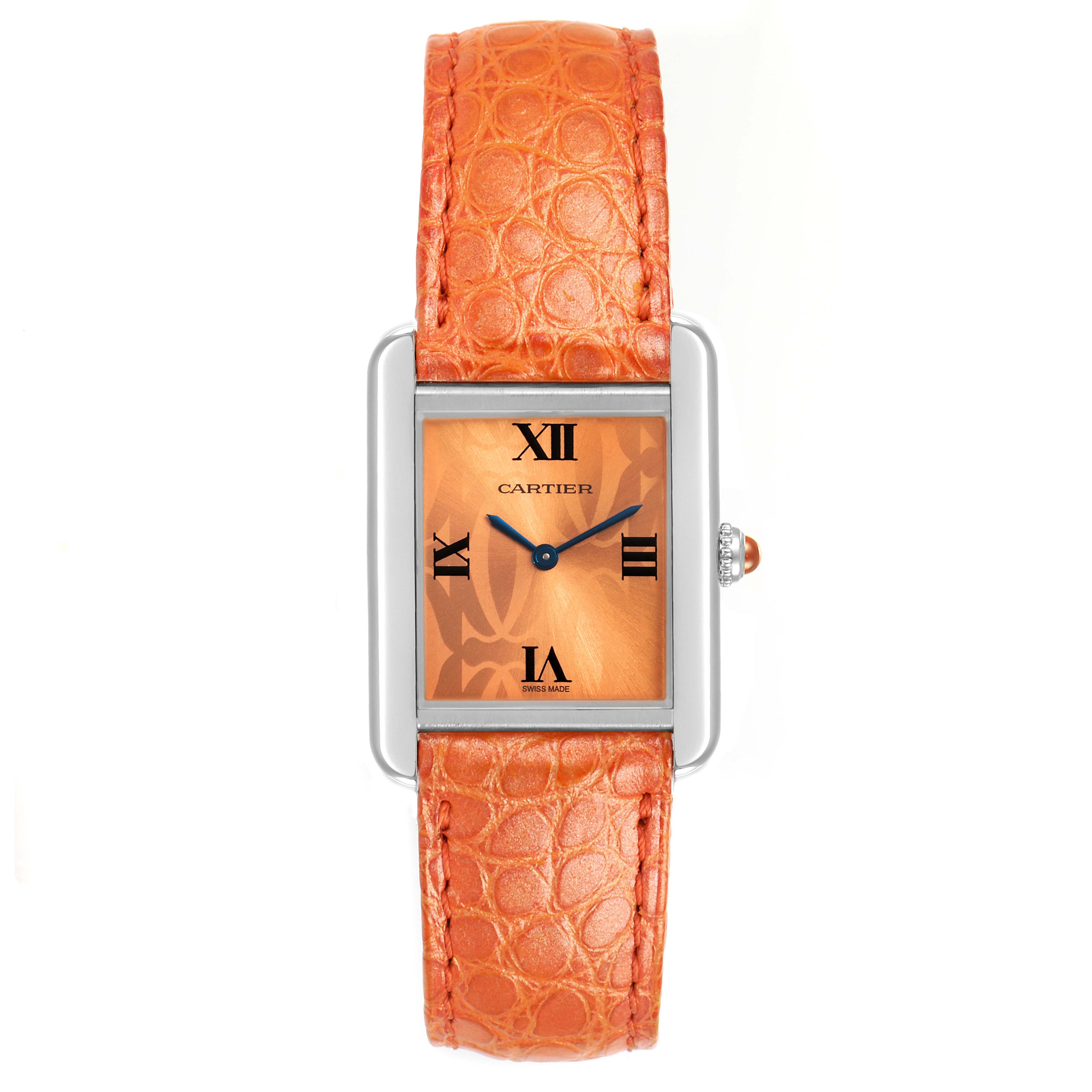 The image shows a front view of a Cartier Tank Solo W1019455 Women's Stainless Steel Orange Dial W1019455 Women's Stainless Steel Orange Dial watch with an orange leather strap and a matching orange dial.
