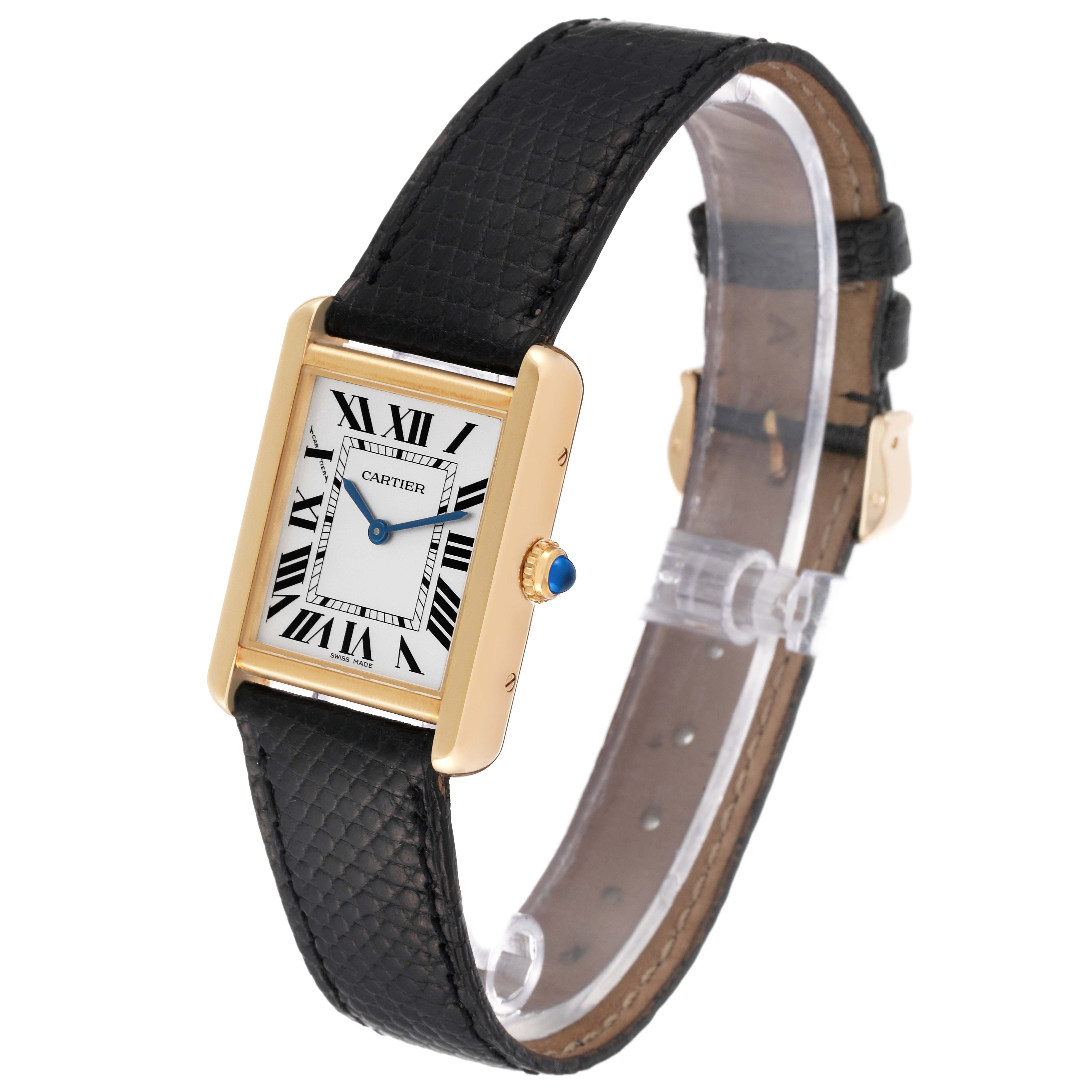 The Cartier Tank Solo W5200002 Men
s Yellow Gold Silver Dial W5200002 Men
s Yellow Gold Silver Dial watch is shown at an angled view, displaying the face, case, crown, and a portion of its black leather strap.