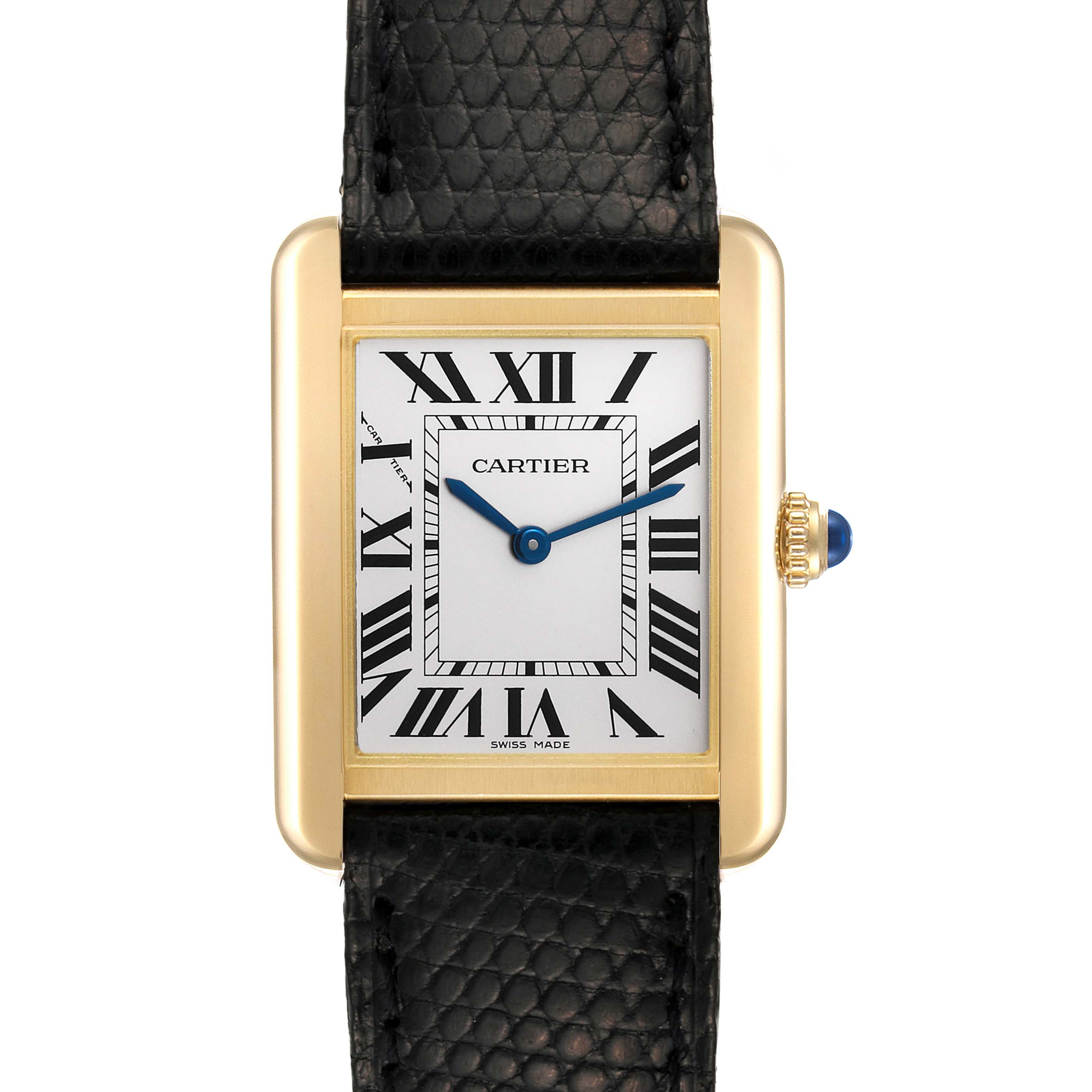 The image shows a frontal view of the Cartier Tank Solo W5200002 Men
s Yellow Gold Silver Dial W5200002 Men
s Yellow Gold Silver Dial watch, highlighting its rectangular face, Roman numerals, and black leather strap.