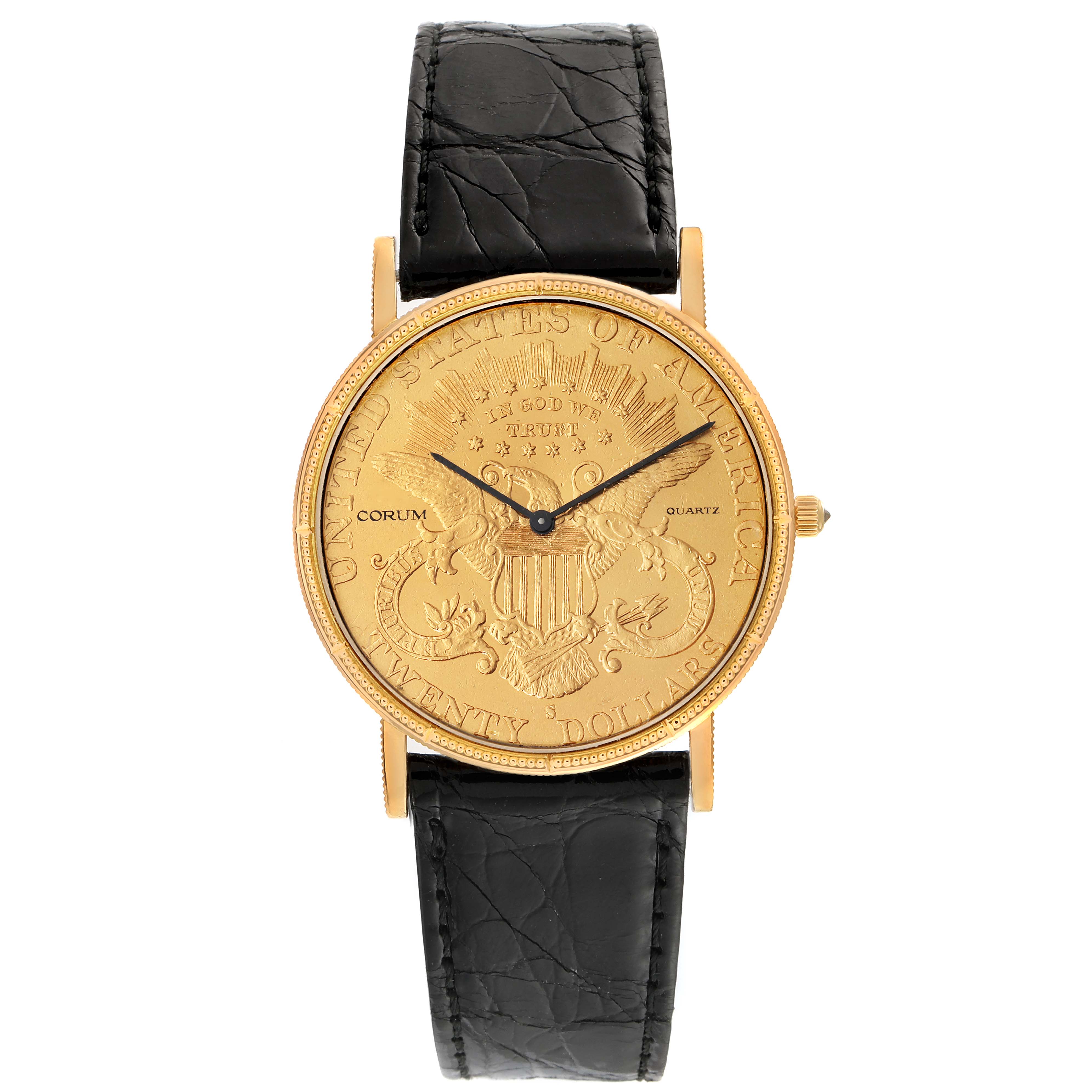The image displays a front view of the Corum Coin Watch 1900 Men's Yellow Gold Black Dial 1900 Men's Yellow Gold Black Dial model with its gold-toned face and black leather strap.