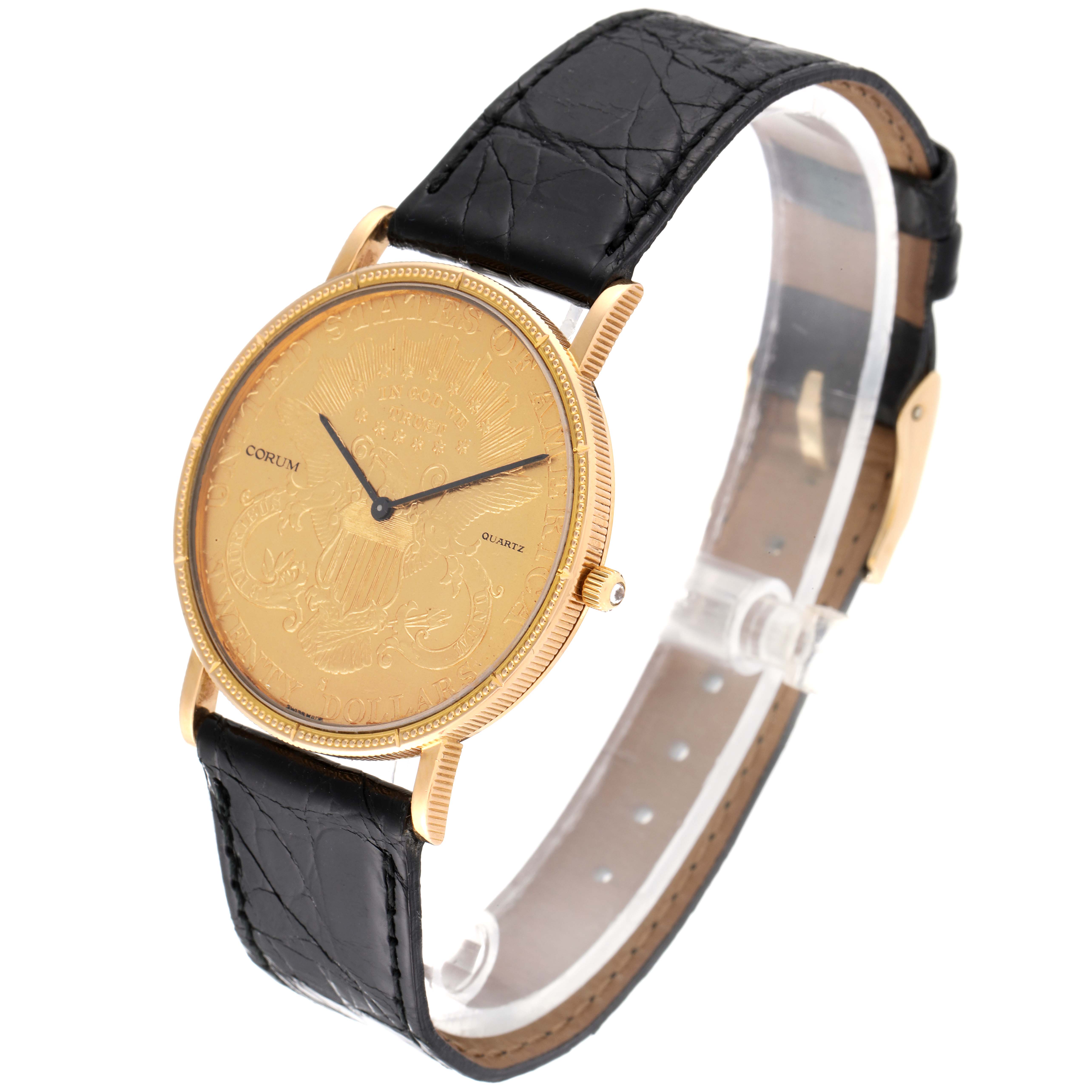 The image shows a side view of the Corum Coin Watch 1900 Men's Yellow Gold Black Dial 1900 Men's Yellow Gold Black Dial model, highlighting its gold face, black leather strap, and crown.