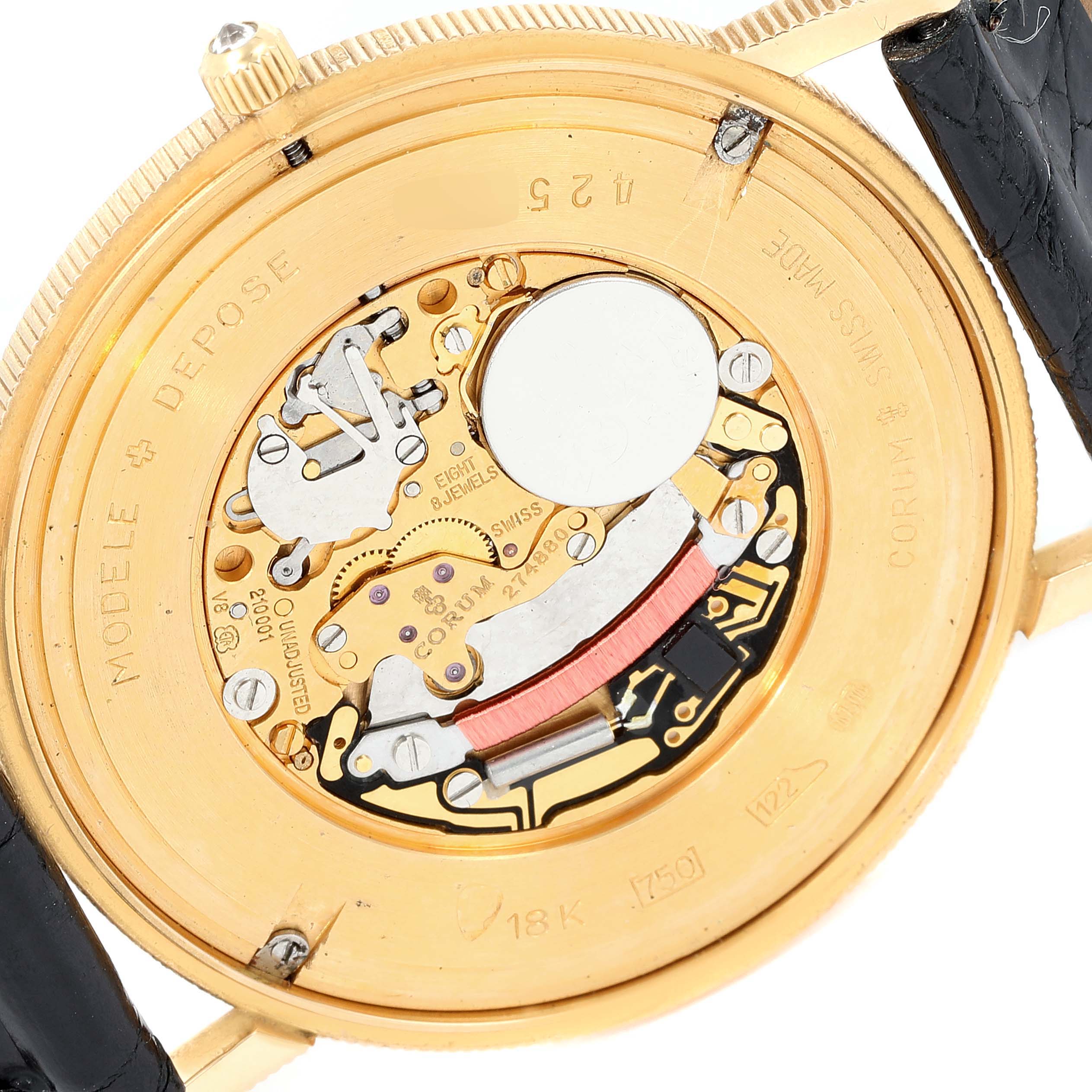 The image shows the back view of the movement and internal components of the Corum Coin Watch 1900 Men's Yellow Gold Black Dial 1900 Men's Yellow Gold Black Dial model.