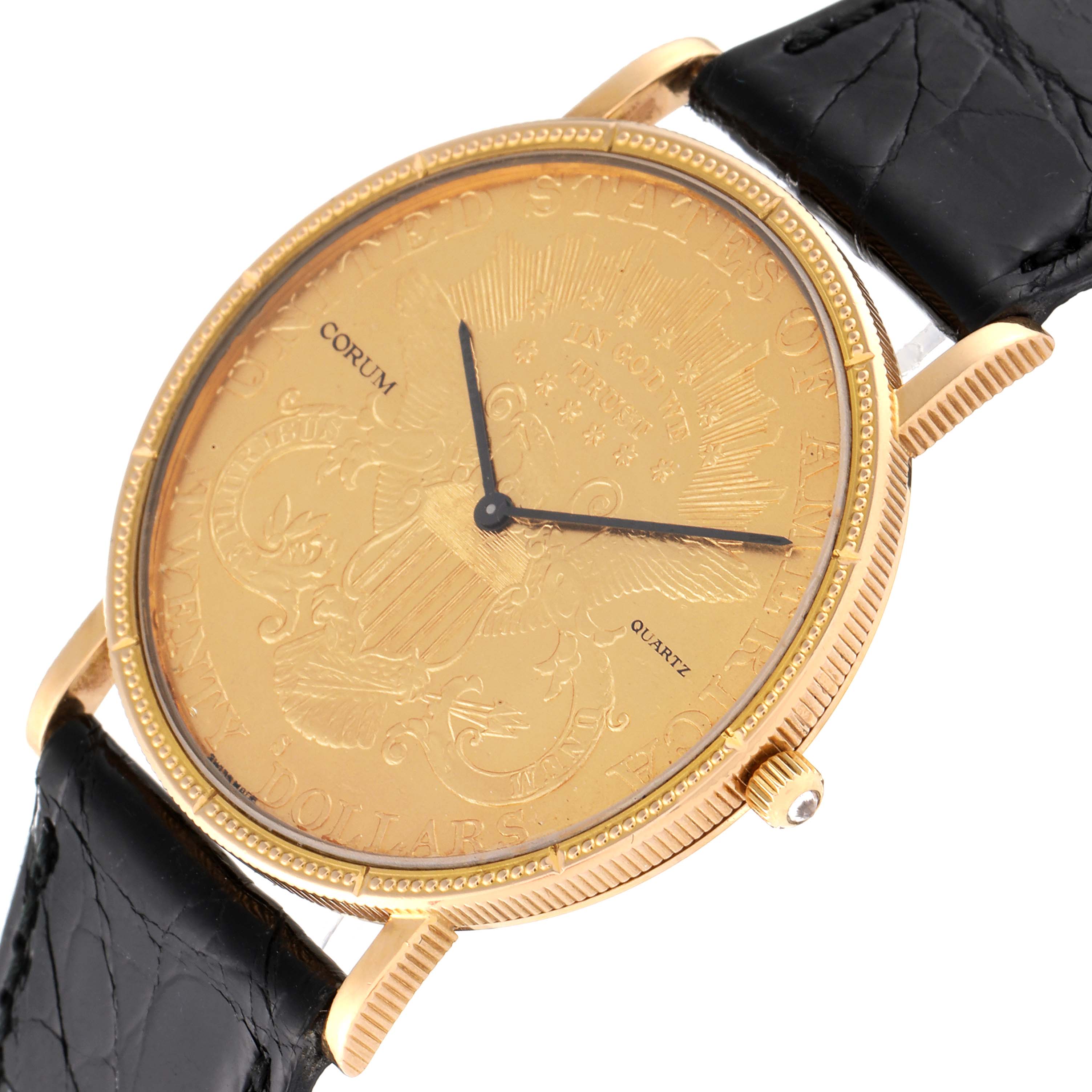 The image shows a close-up angle of the Corum Coin Watch 1900 Men's Yellow Gold Black Dial 1900 Men's Yellow Gold Black Dial model, displaying its face, hands, bezel, and part of the strap.