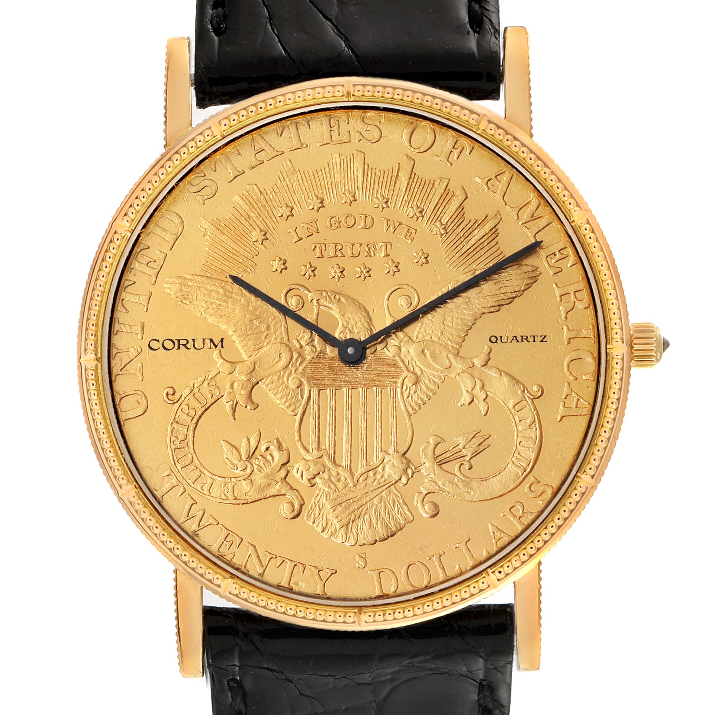 The Corum Coin Watch 1900 Men's Yellow Gold Black Dial 1900 Men's Yellow Gold Black Dial model is shown from the front, displaying the entire watch face and part of the black strap.