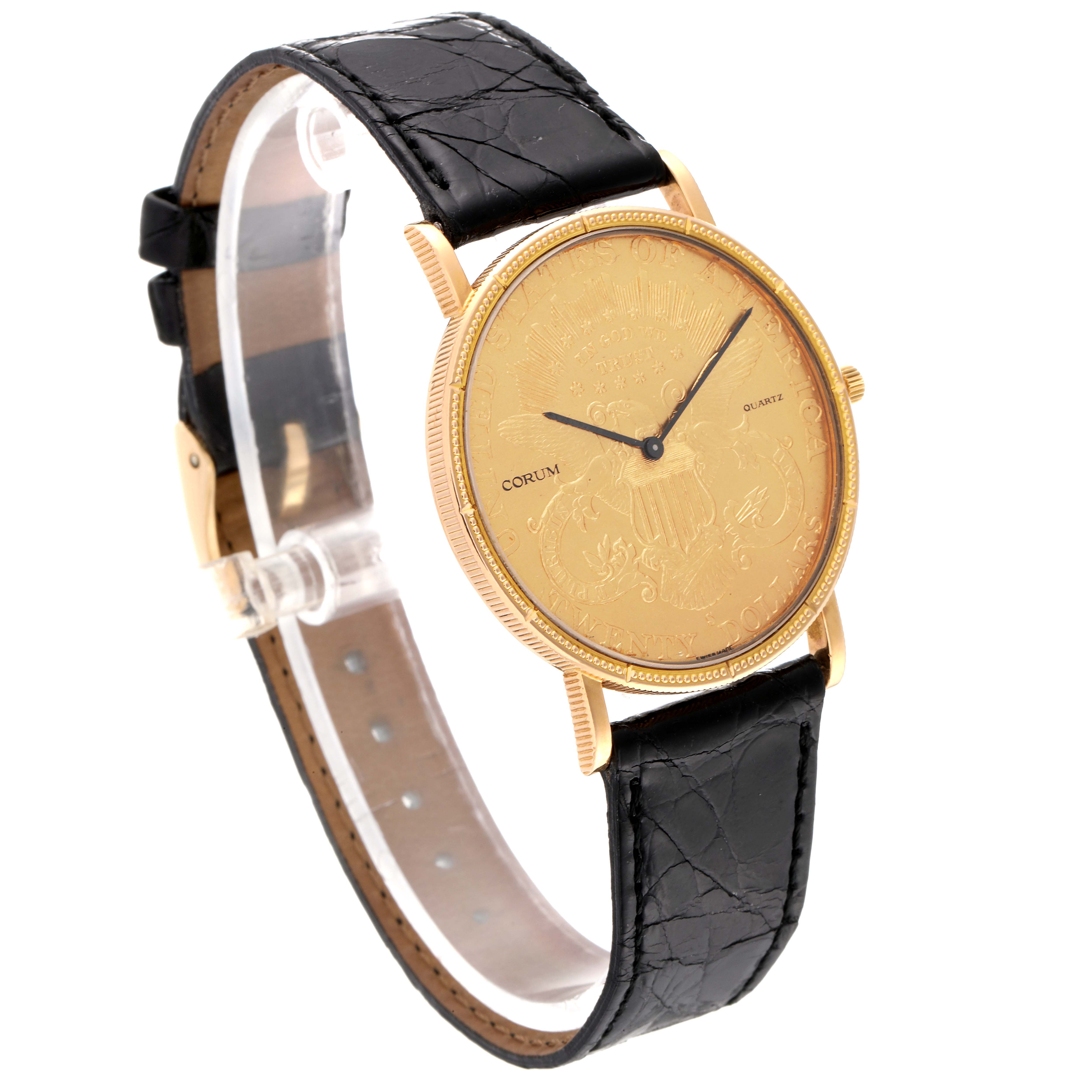The image shows a side angle view of the Corum Coin Watch 1900 Men's Yellow Gold Black Dial 1900 Men's Yellow Gold Black Dial model, displaying its gold case, dial, and black leather strap.
