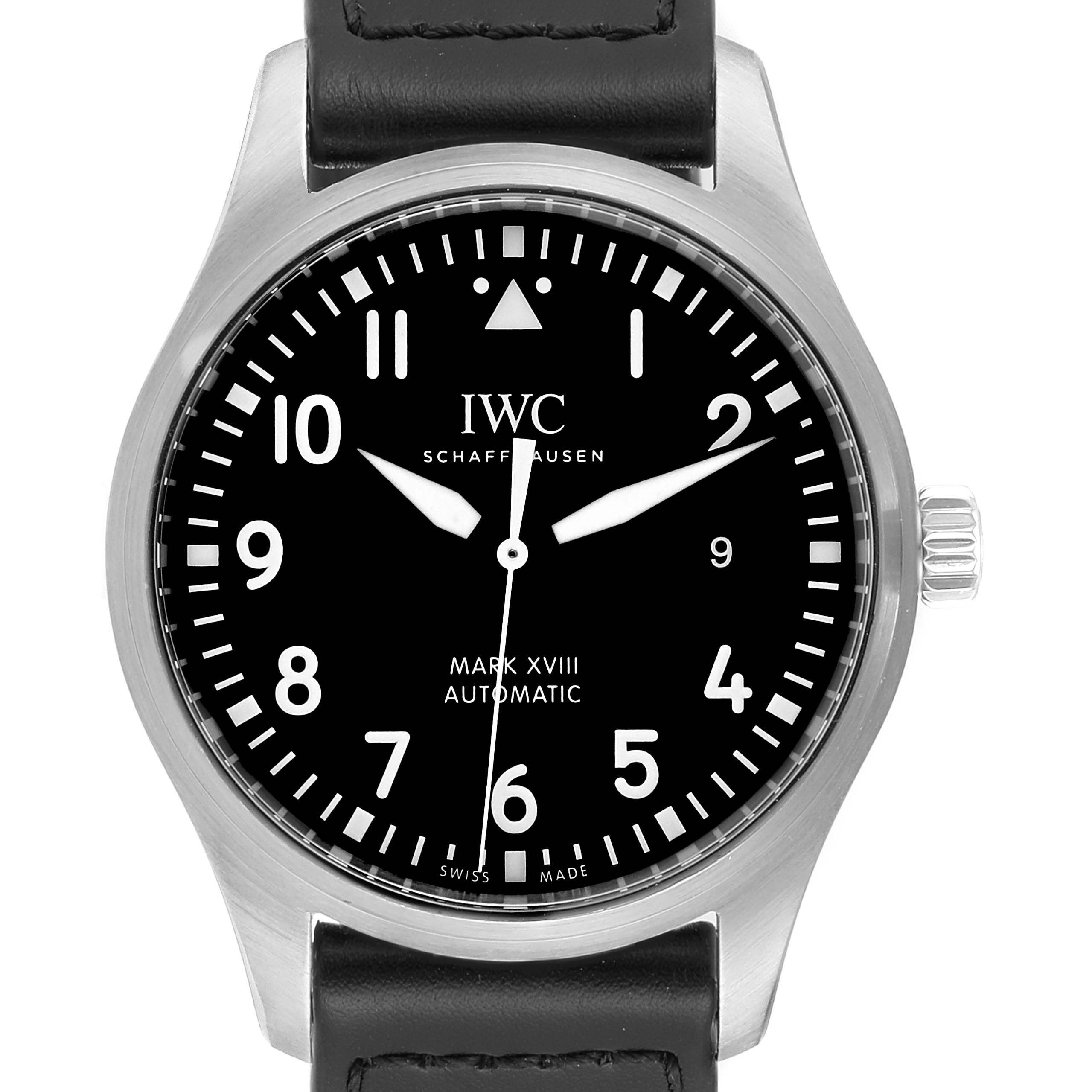 The IWC Pilot IW327001 Men's Stainless Steel Black Dial IW327001 Men's Stainless Steel Black Dial Mark XVIII watch is shown from a top-down angle, displaying the dial, bezel, and part of the leather strap.