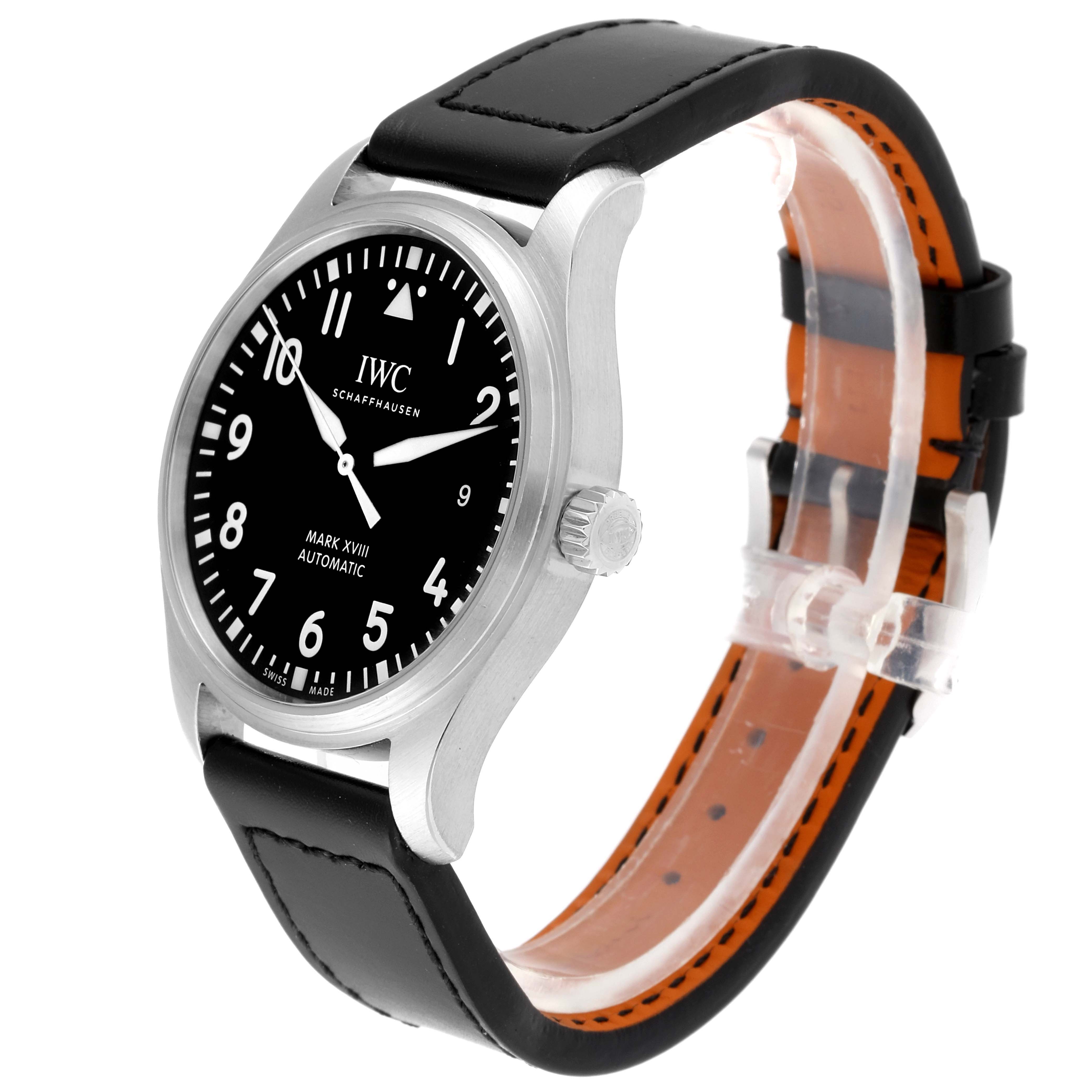 The IWC Pilot IW327001 Men's Stainless Steel Black Dial IW327001 Men's Stainless Steel Black Dial model watch is shown at an angled side view, highlighting the face, crown, and strap.