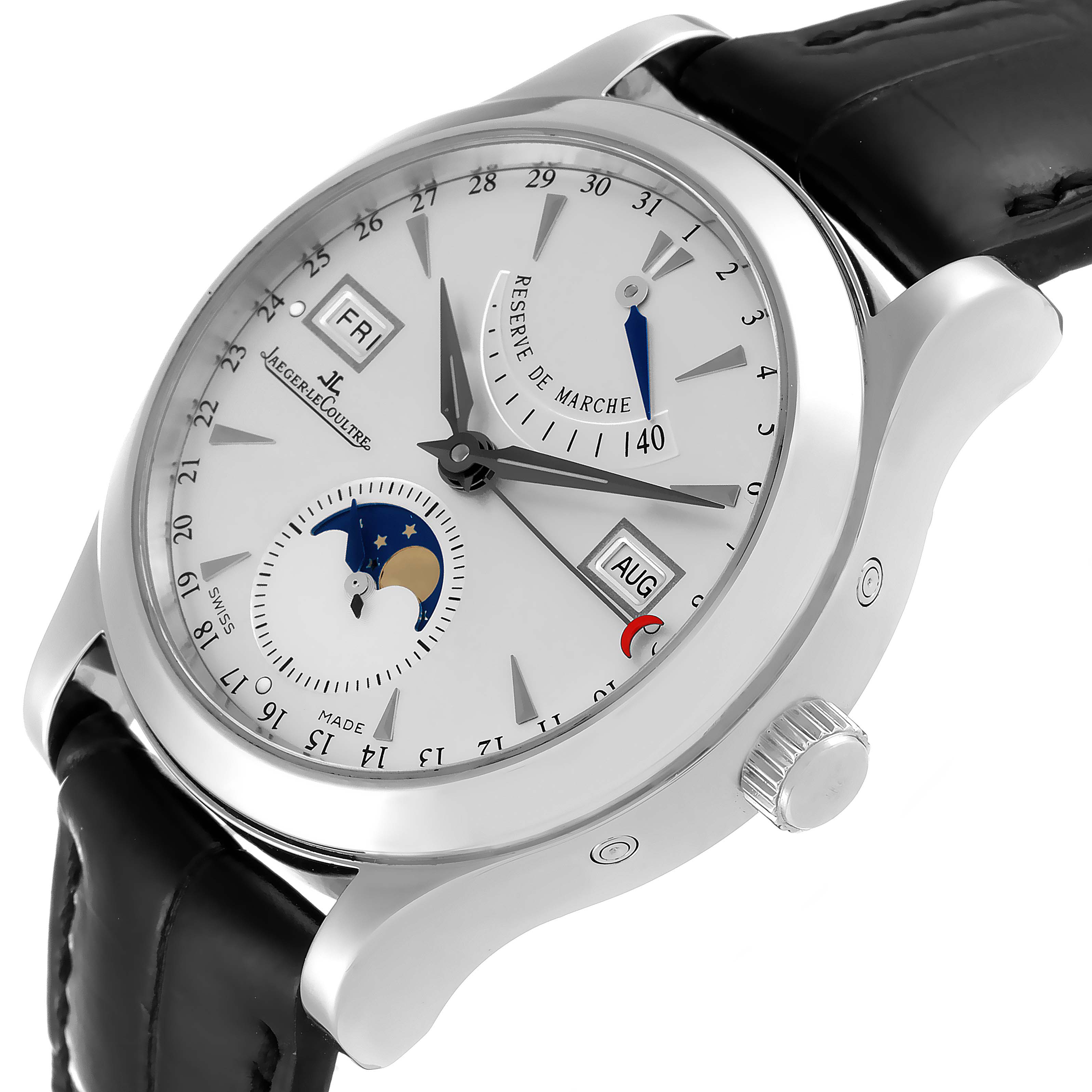 The image shows a Jaeger LeCoultre Master 147.8.41.S Men's Stainless Steel Silver Dial 147.8.41.S Men's Stainless Steel Silver Dial model watch at a slight angle, showcasing the dial, crown, and part of the black leather strap.