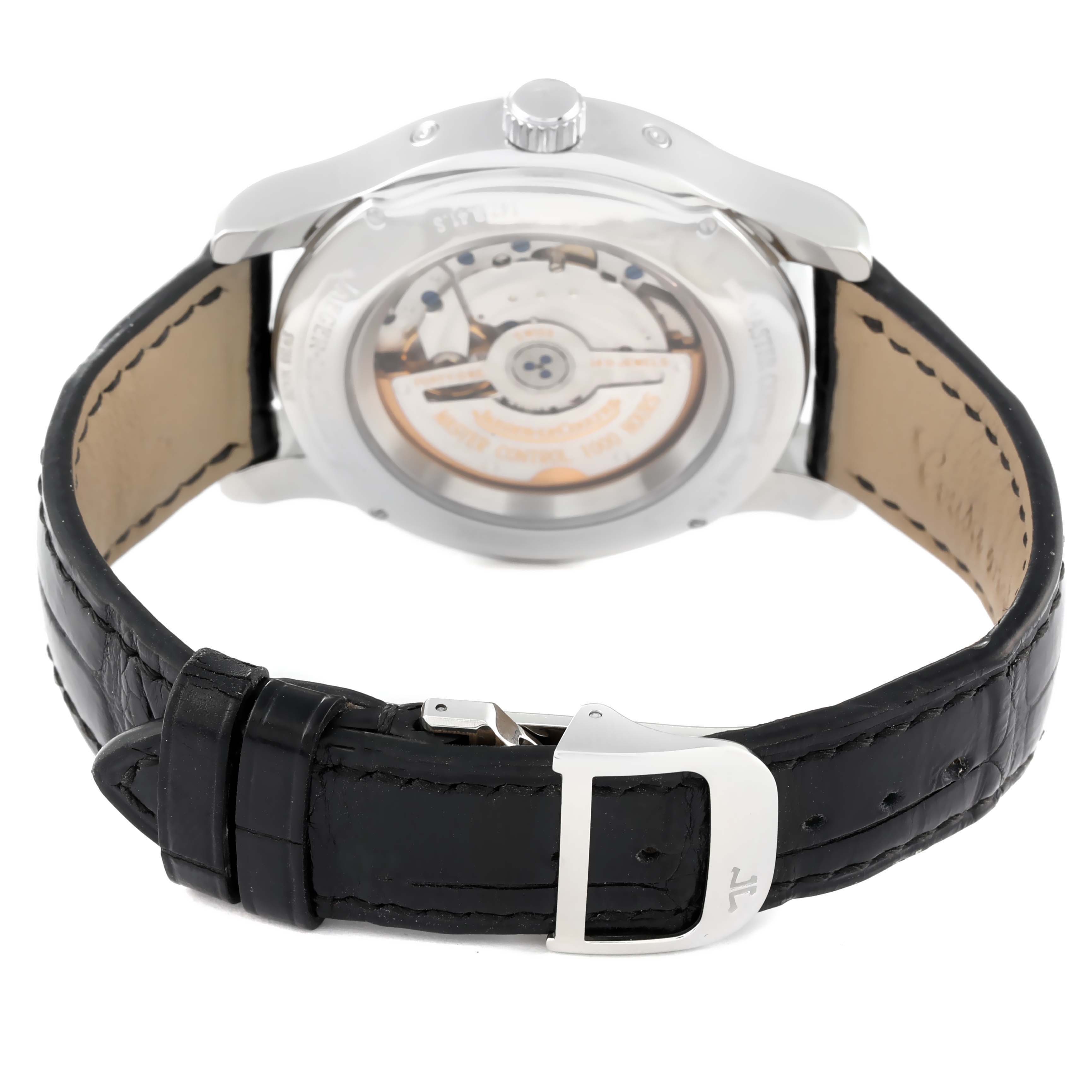 The image shows the rear view of the Jaeger LeCoultre Master 147.8.41.S Men's Stainless Steel Silver Dial 147.8.41.S Men's Stainless Steel Silver Dial model watch, highlighting its leather strap and transparent case back.