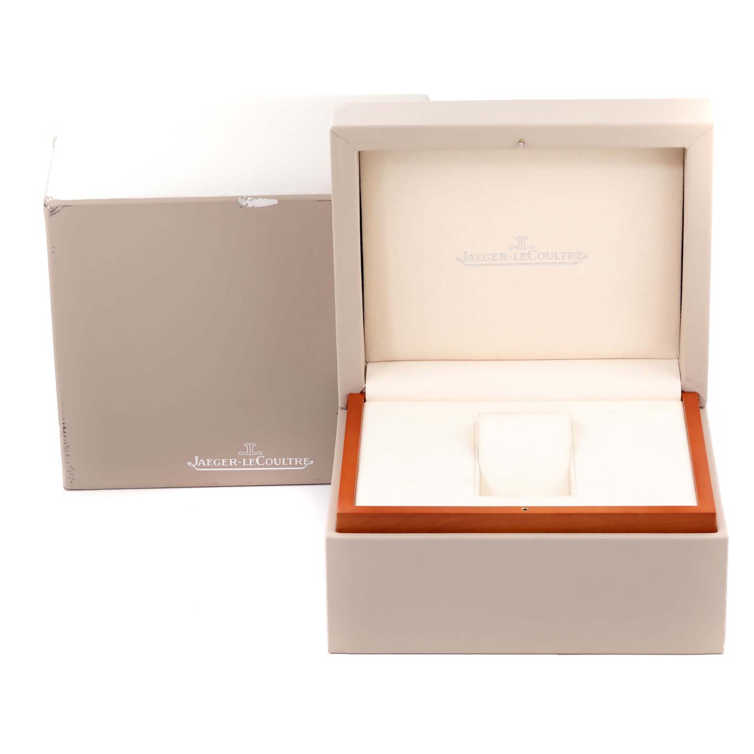 The image shows the open box for a Jaeger-LeCoultre Master model watch, with the brand logo visible inside the lid.