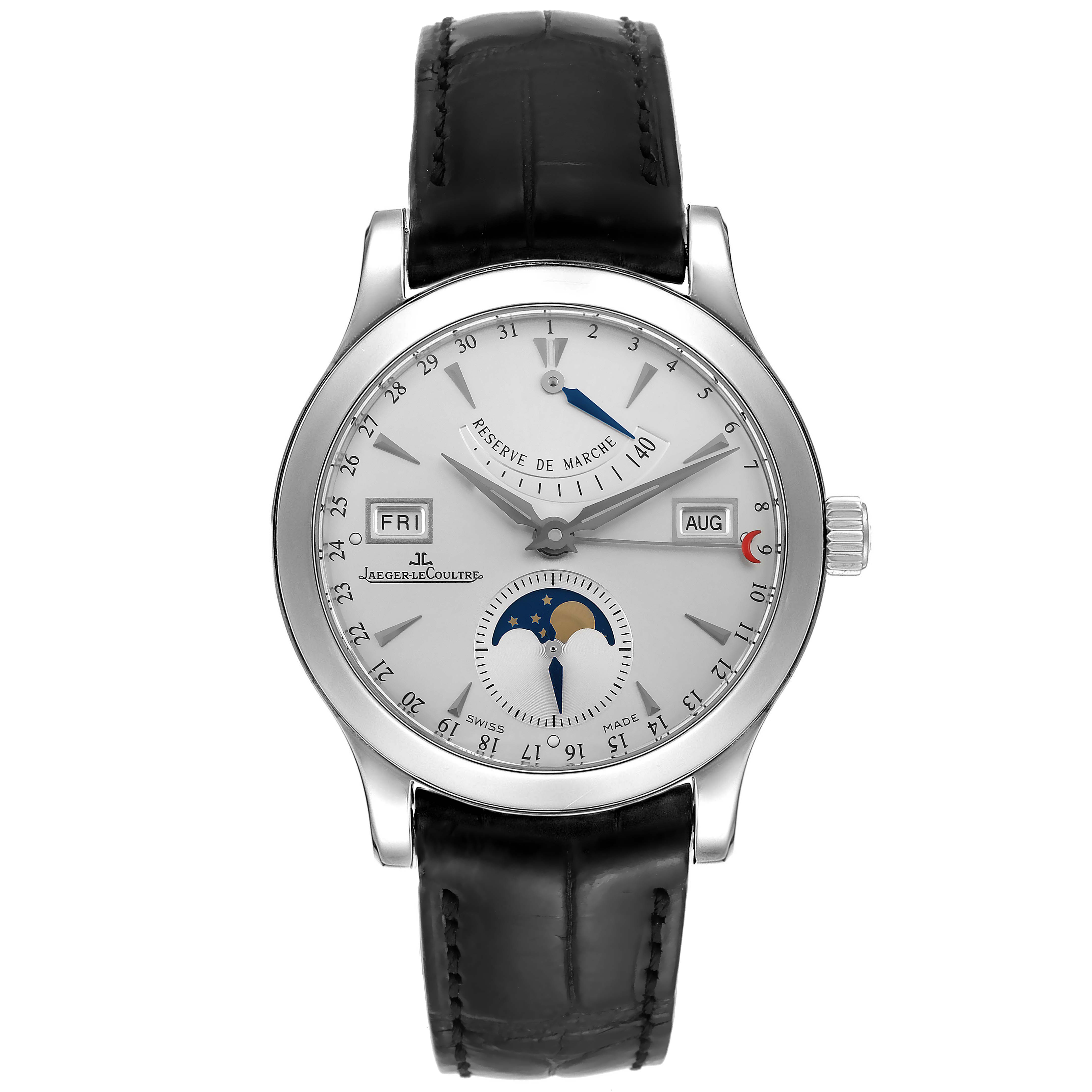This image shows the front view of a Jaeger LeCoultre Master 147.8.41.S Men's Stainless Steel Silver Dial 147.8.41.S Men's Stainless Steel Silver Dial model watch, highlighting the dial, subdials, and leather strap.
