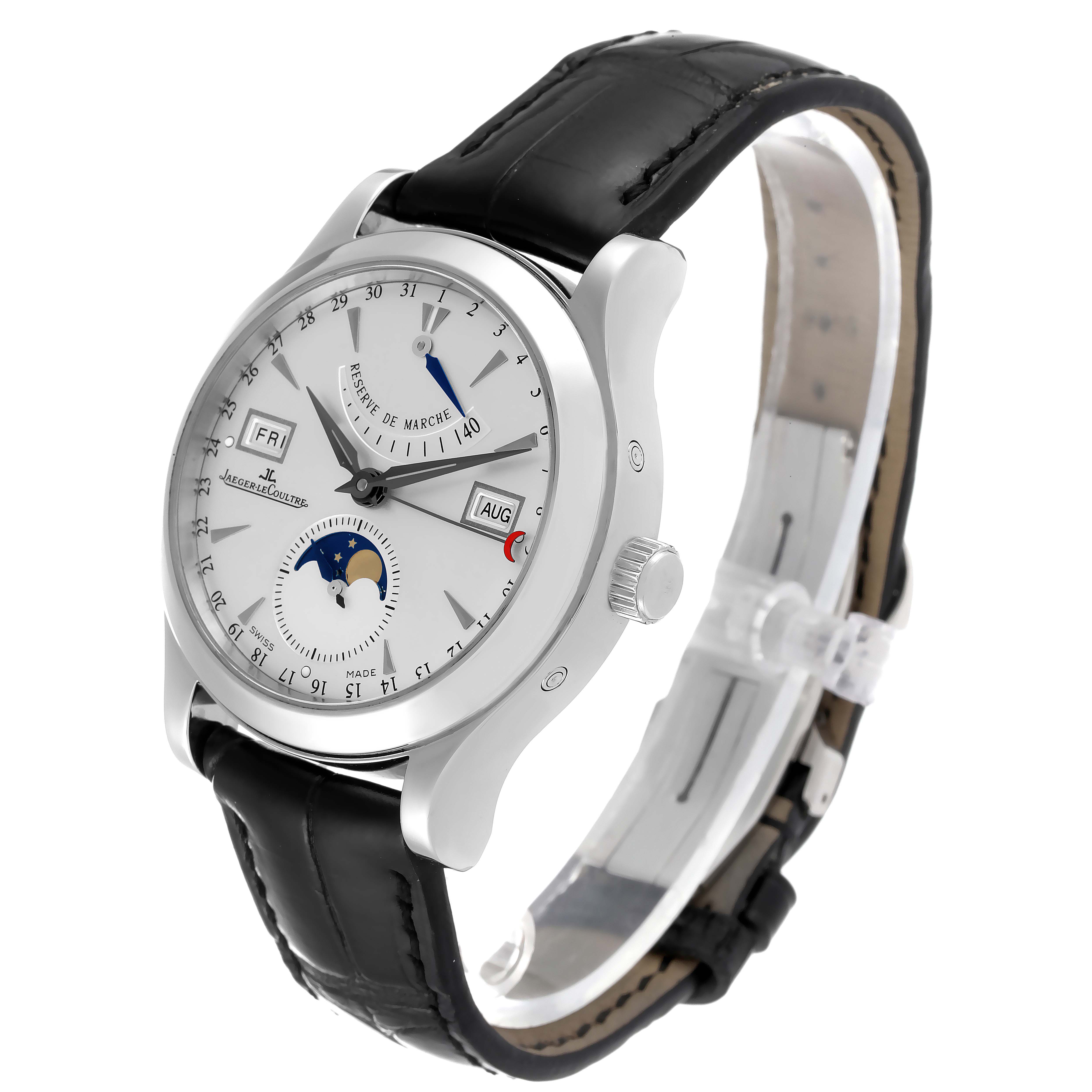 The image shows a Jaeger LeCoultre Master 147.8.41.S Men's Stainless Steel Silver Dial 147.8.41.S Men's Stainless Steel Silver Dial watch at a three-quarter angle, highlighting its dial, case, strap, and crown.