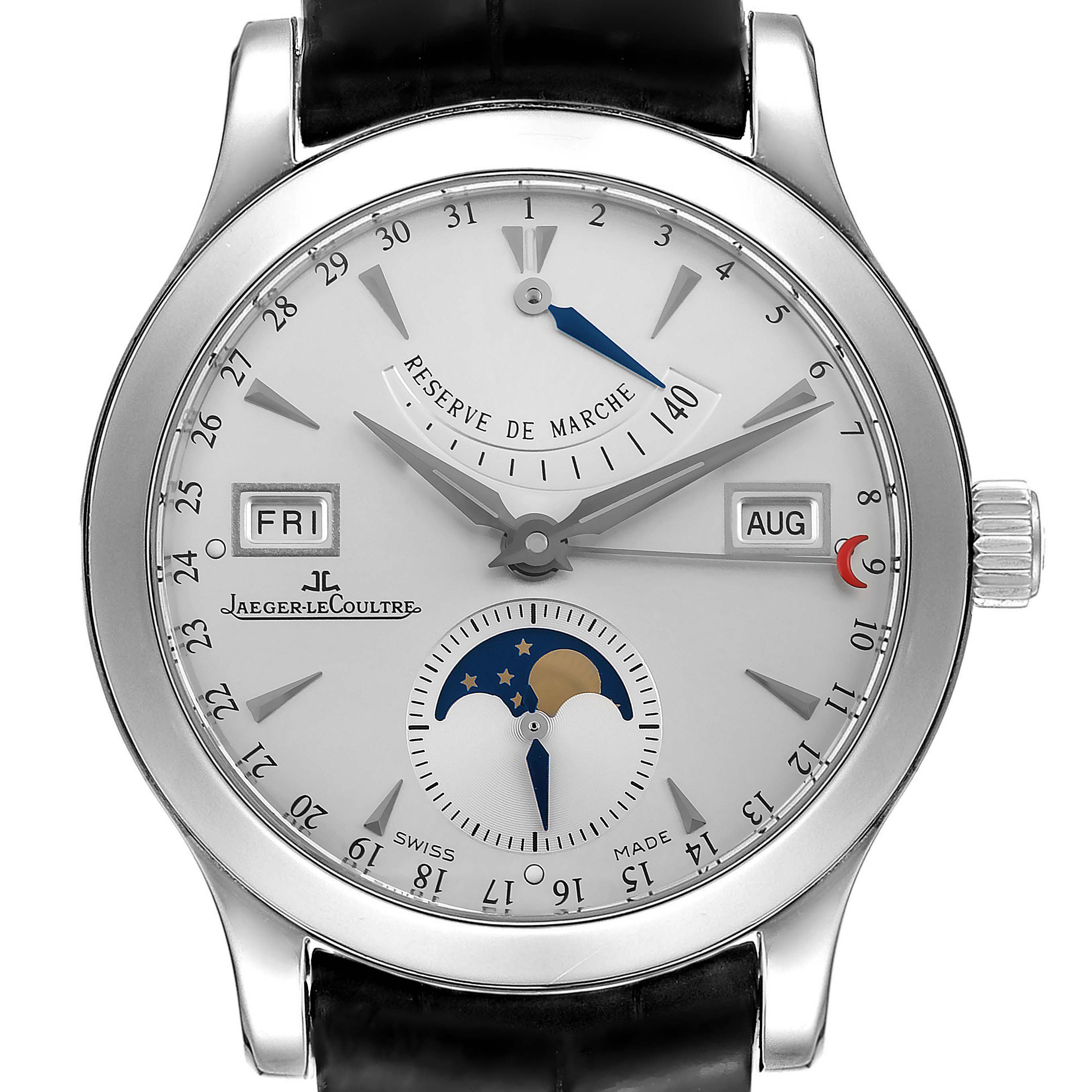 The image shows a front view of the Jaeger LeCoultre Master 147.8.41.S Men's Stainless Steel Silver Dial 147.8.41.S Men's Stainless Steel Silver Dial watch, displaying its dial, hands, and features.