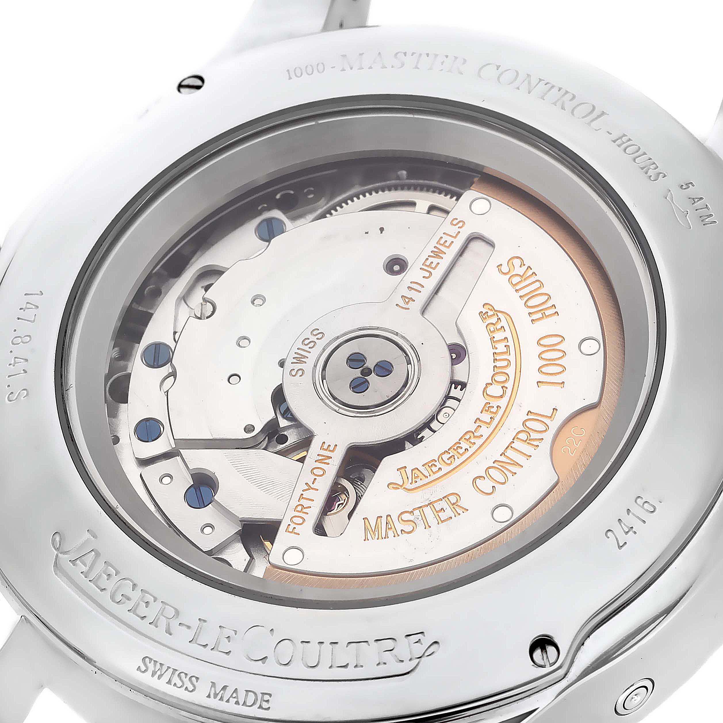 The image shows the back view of the Jaeger LeCoultre Master 147.8.41.S Men's Stainless Steel Silver Dial 147.8.41.S Men's Stainless Steel Silver Dial model watch, highlighting its internal mechanics and engravings.