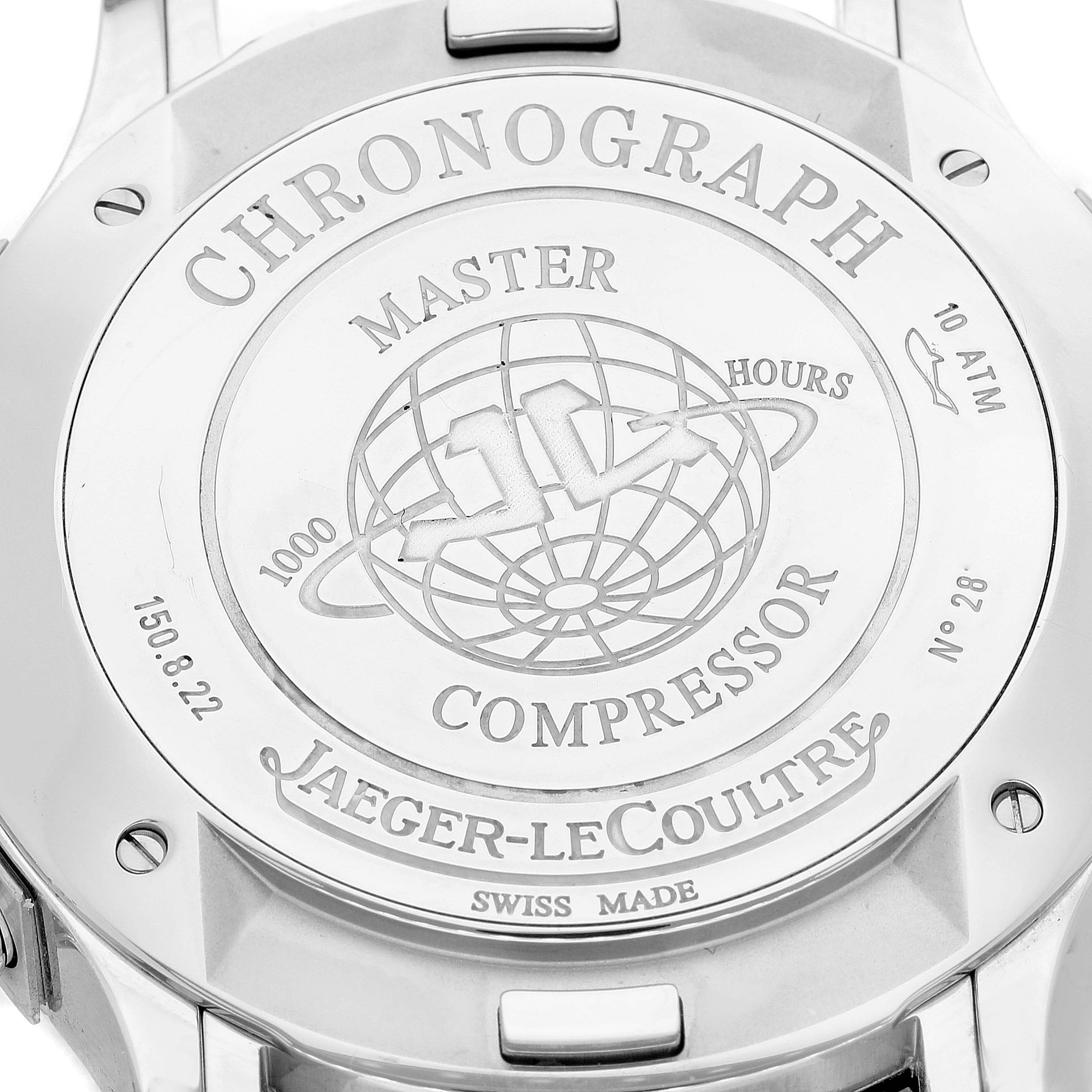The image shows the back case of a Jaeger-LeCoultre Master Chronograph Compressor watch.