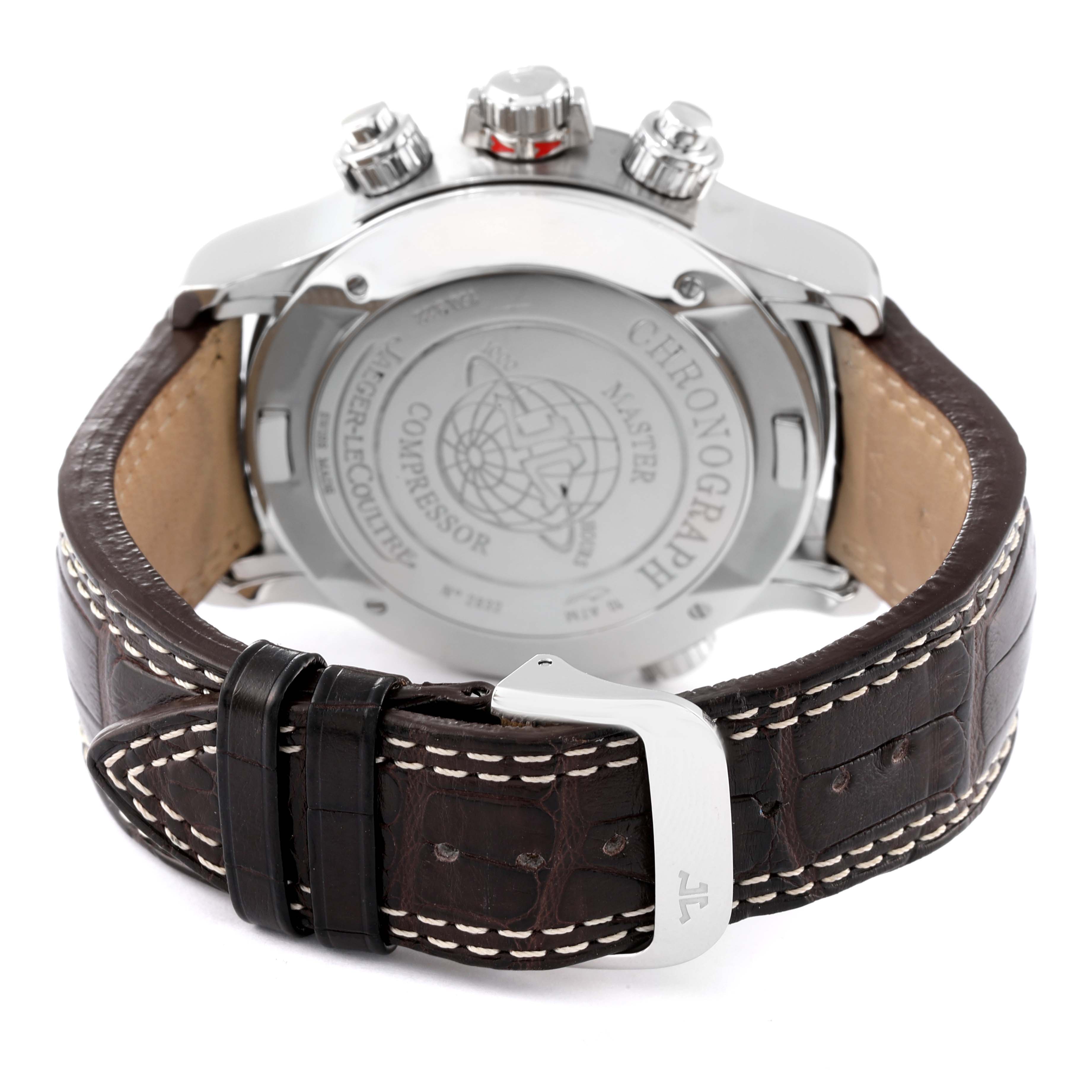 This image shows the back case and leather strap of the Jaeger LeCoultre Master Q1768470 Men's Stainless Steel Black Dial Q1768470 Men's Stainless Steel Black Dial model watch from a rear angle.