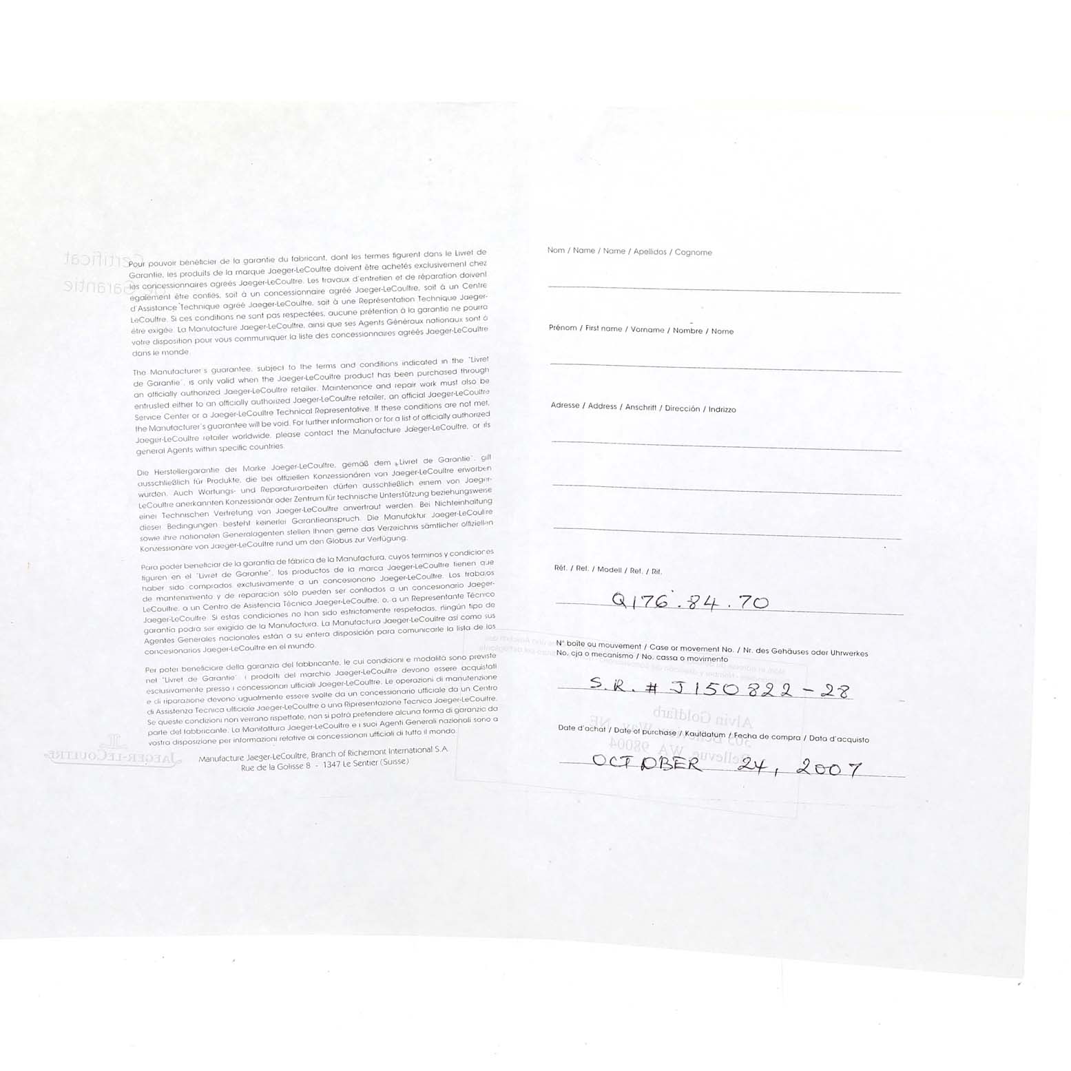 The image shows a document, likely a warranty or certificate, for a Jaeger-LeCoultre Master model watch.