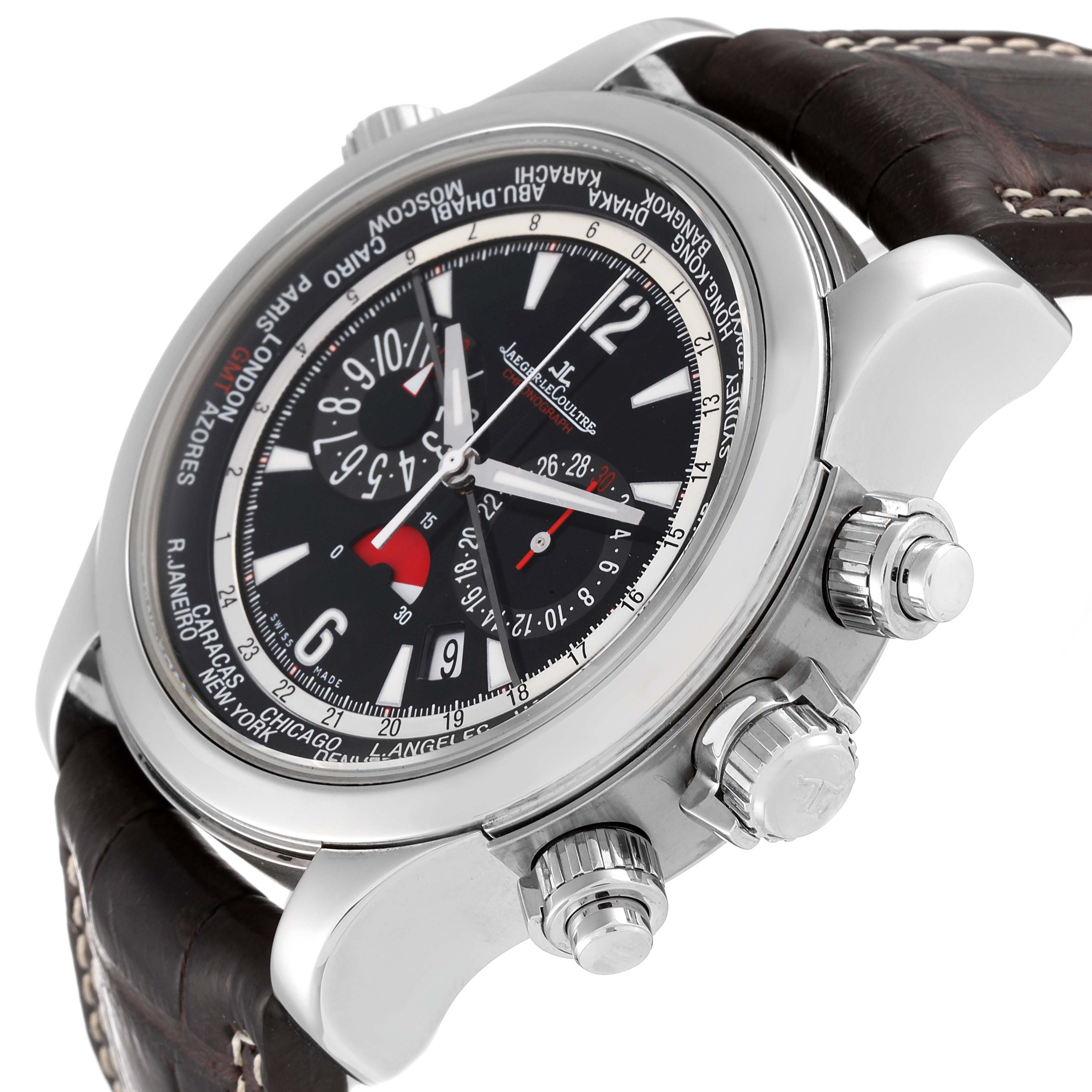 This image shows a Jaeger LeCoultre Master Q1768470 Men's Stainless Steel Black Dial Q1768470 Men's Stainless Steel Black Dial watch with a partial view focusing on the crown, pushers, and part of the dial.