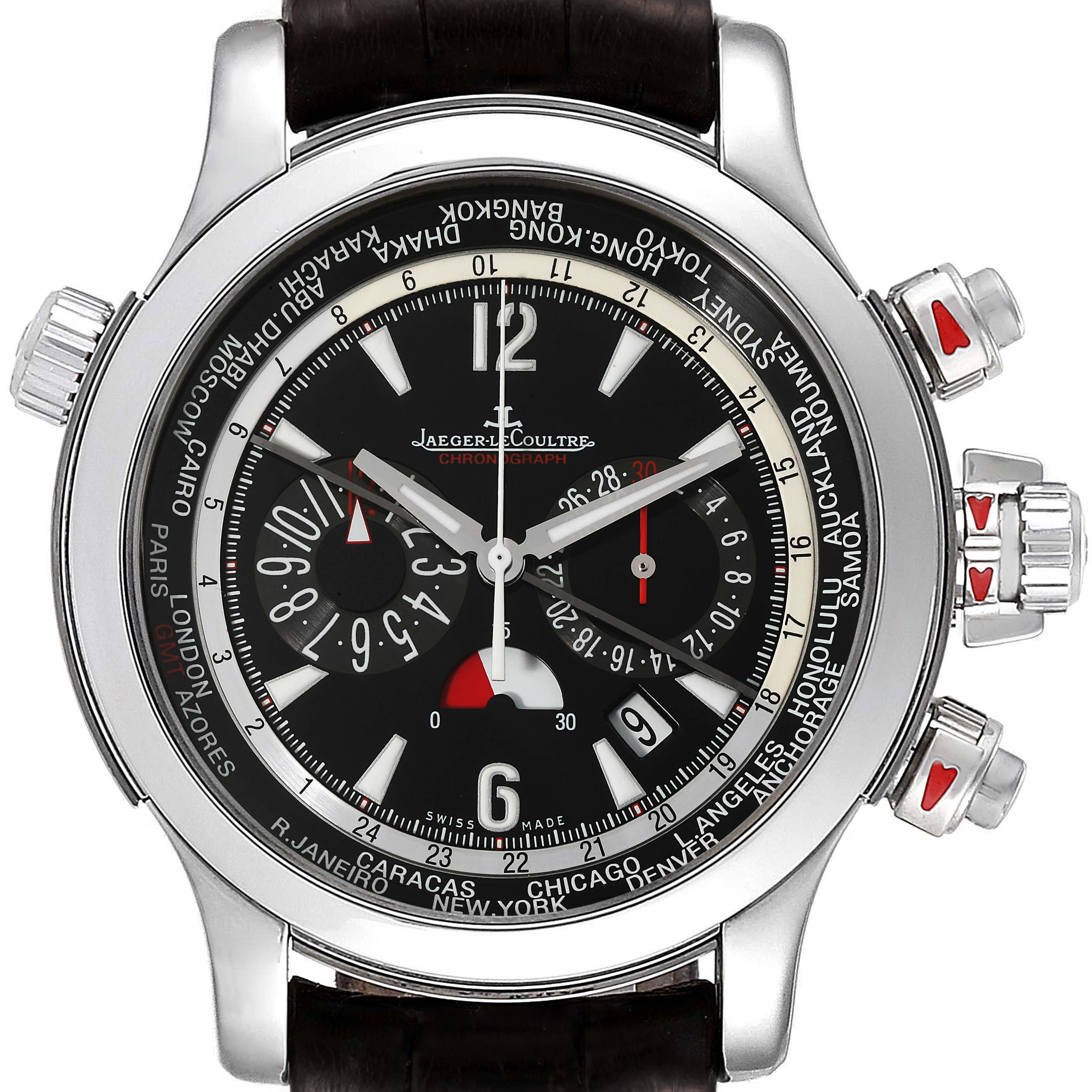 This is a close-up front view of the Jaeger-LeCoultre Master model watch, showing the dial, crown, and pushers.