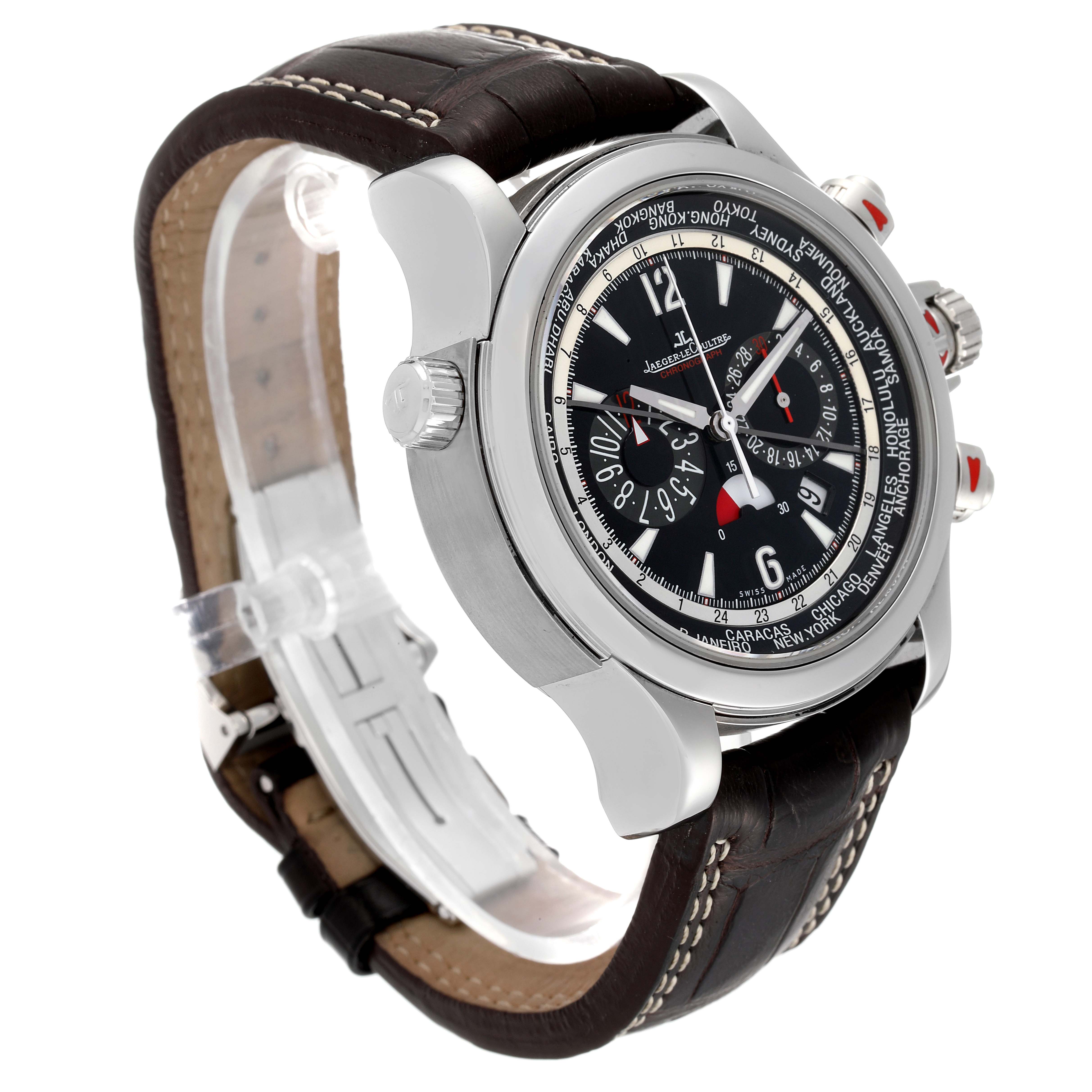 The image shows a Jaeger LeCoultre Master Q1768470 Men's Stainless Steel Black Dial Q1768470 Men's Stainless Steel Black Dial model watch at an angle highlighting the face, bezel, crown, and leather strap.