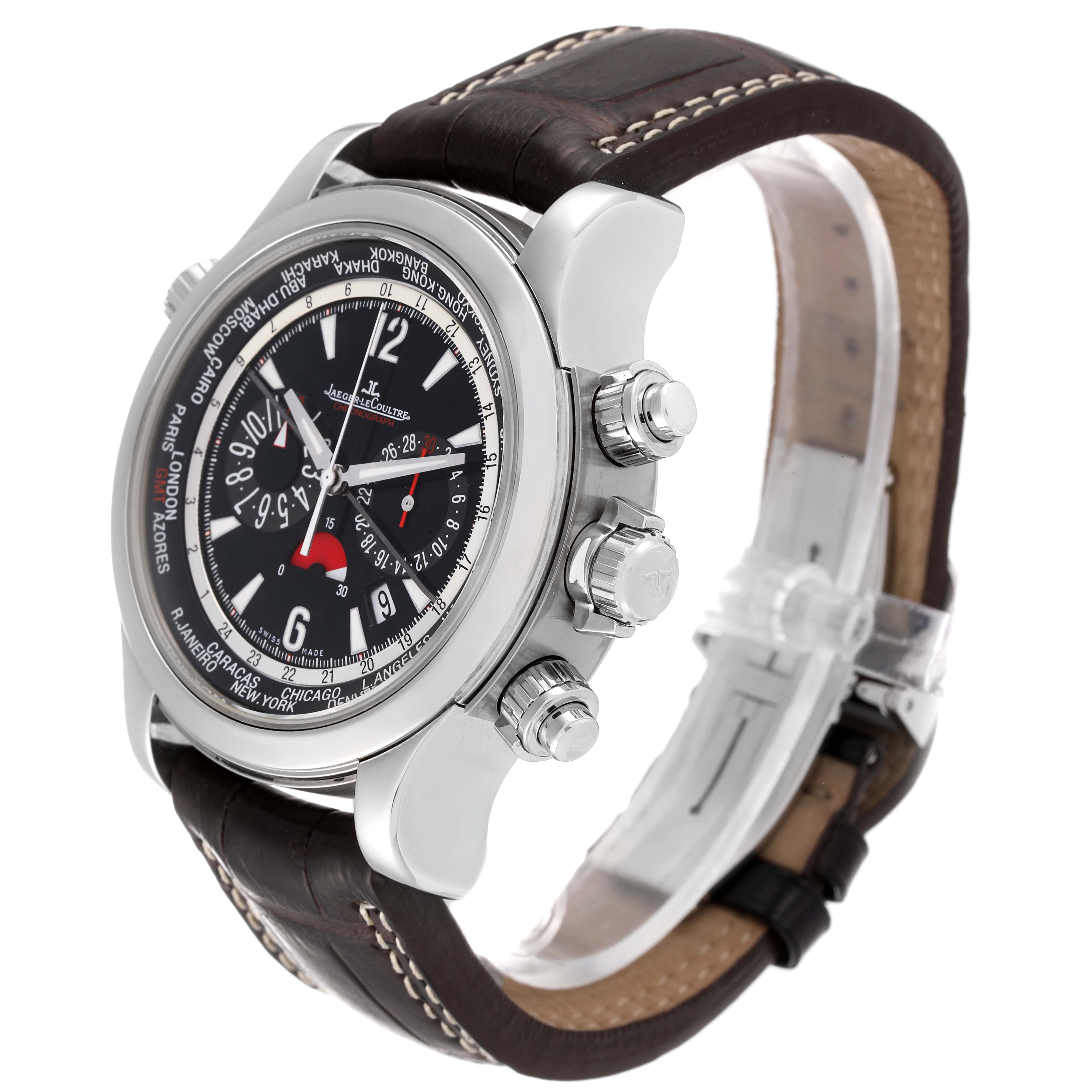 The image shows a Jaeger-LeCoultre Master model watch from an oblique angle, displaying its dial, case, crown, and leather strap.