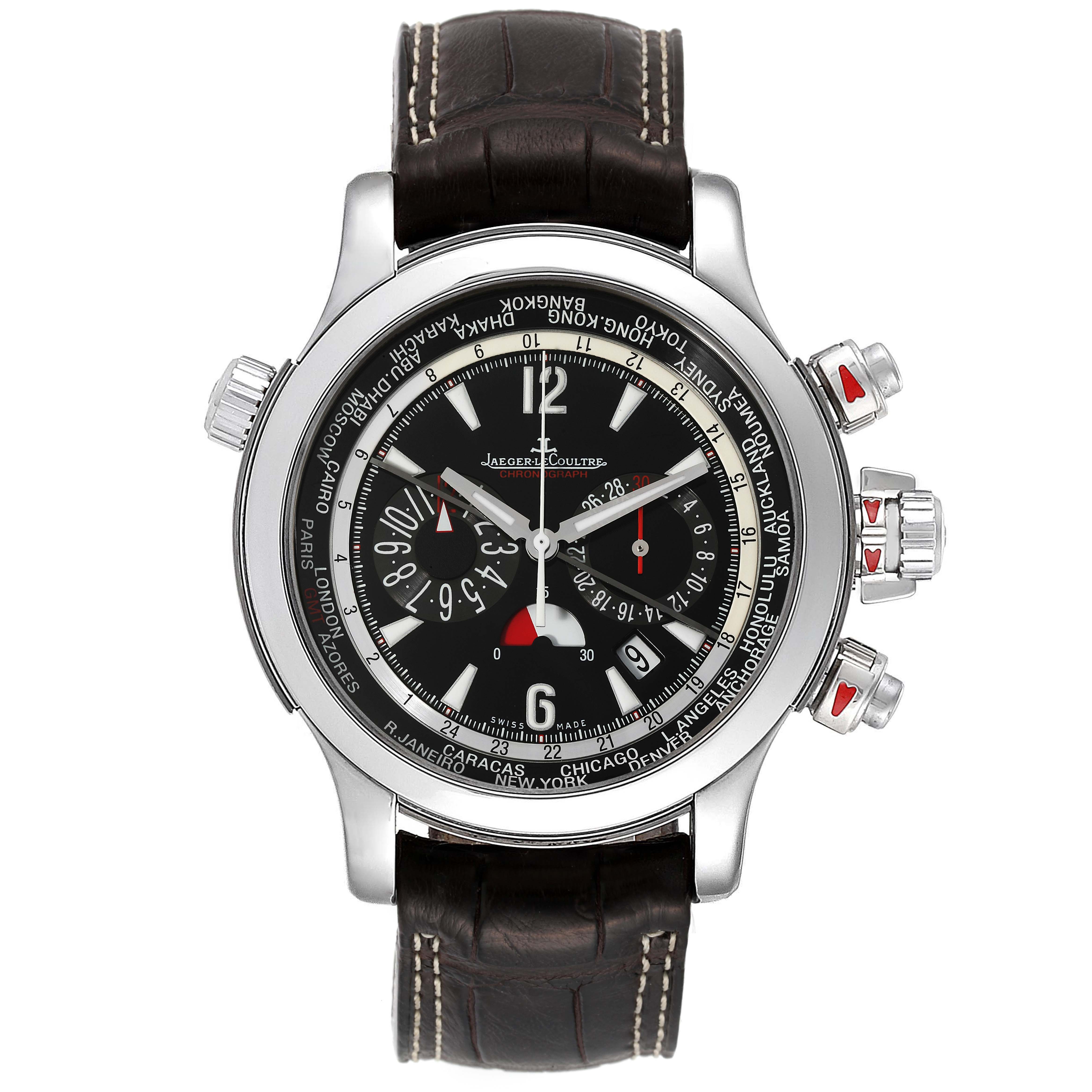 The image shows a front view of the Jaeger LeCoultre Master Q1768470 Men's Stainless Steel Black Dial Q1768470 Men's Stainless Steel Black Dial model watch, displaying the dial, hands, bezel, and leather strap.