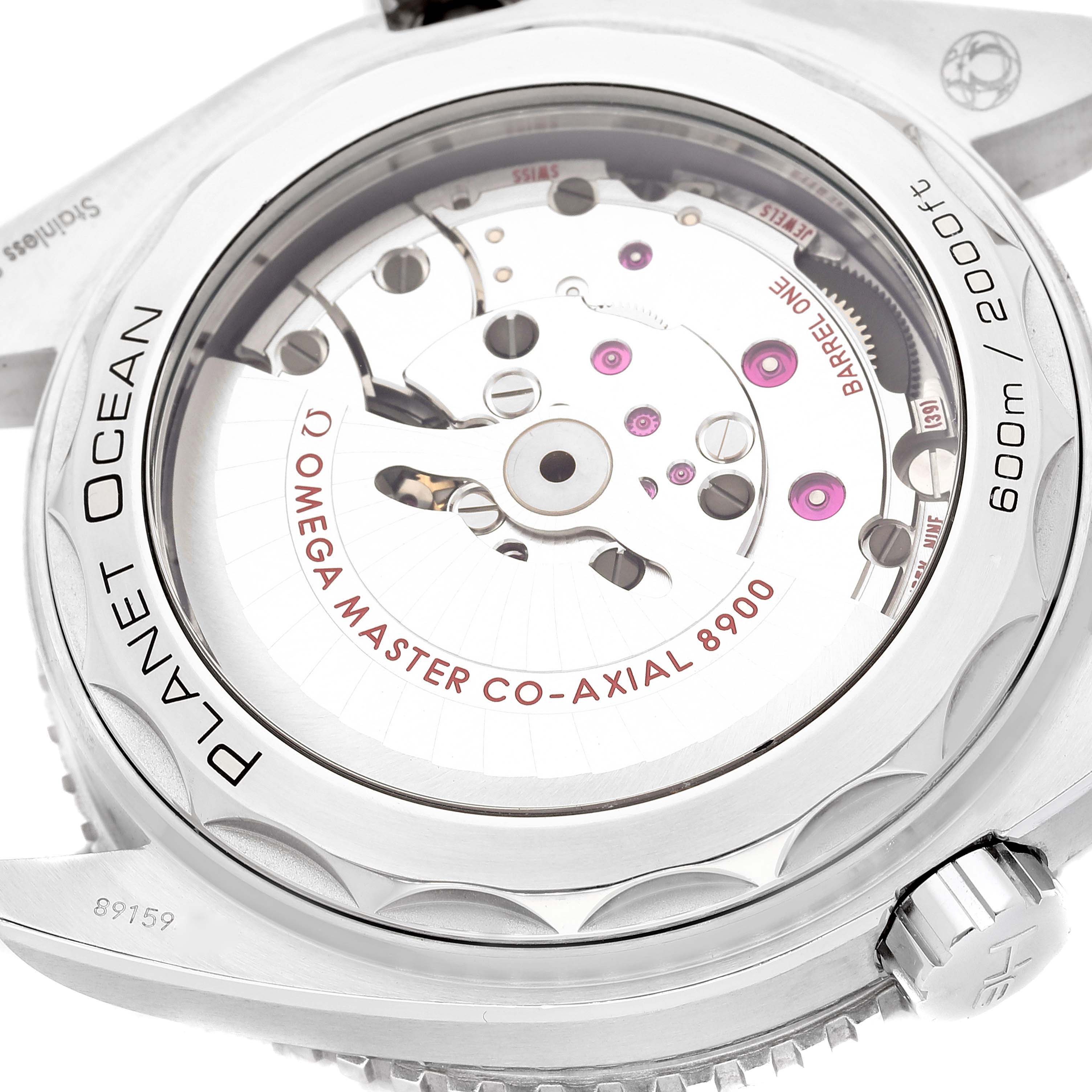 The image shows the case back of the Omega Planet Ocean 215.32.44.21.01.001 Men's Stainless Steel Black Dial 215.32.44.21.01.001 Men's Stainless Steel Black Dial, highlighting the movement and engravings.