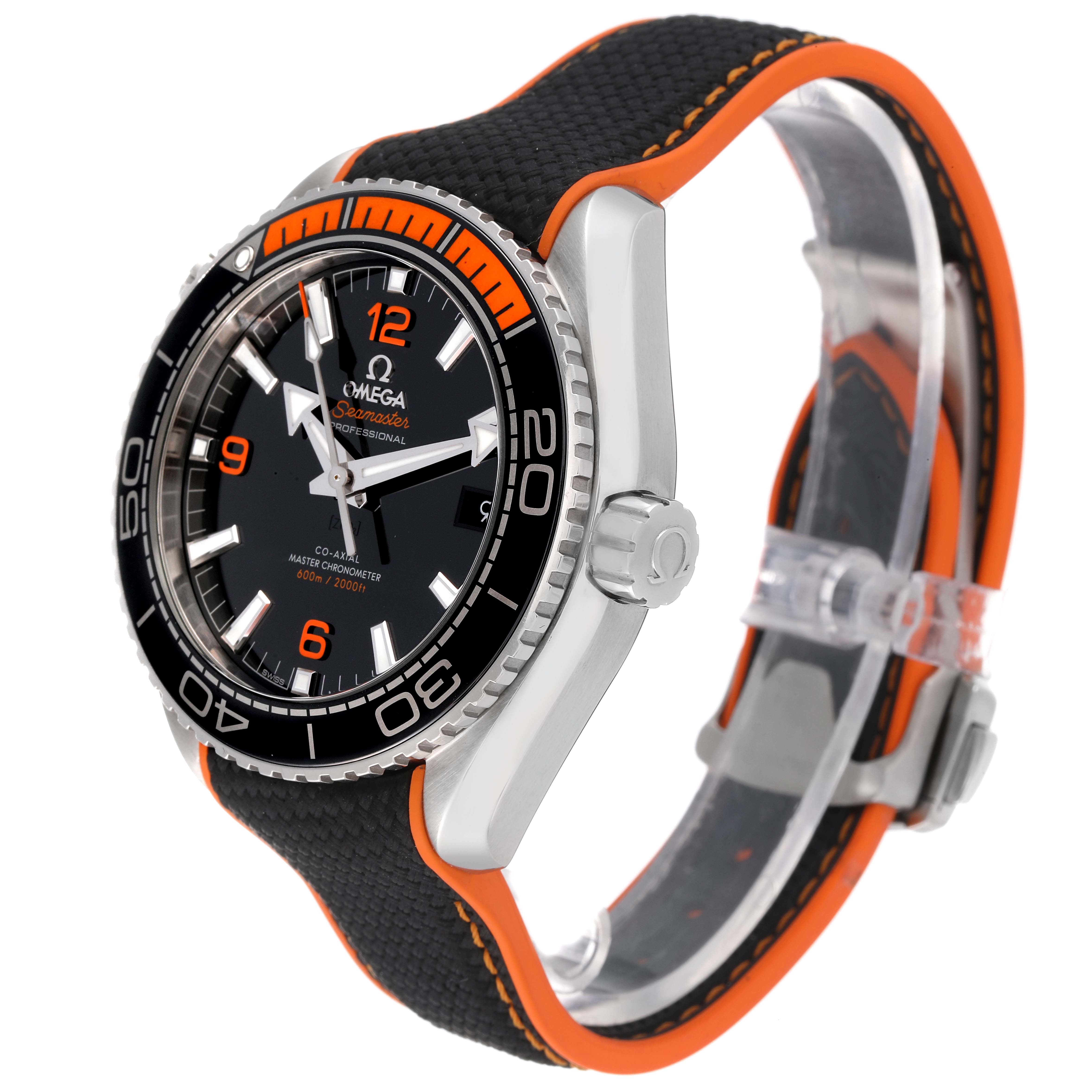 The Omega Planet Ocean 215.32.44.21.01.001 Men's Stainless Steel Black Dial 215.32.44.21.01.001 Men's Stainless Steel Black Dial watch is shown at a side angle, highlighting the bezel, dial, case, strap, and crown.