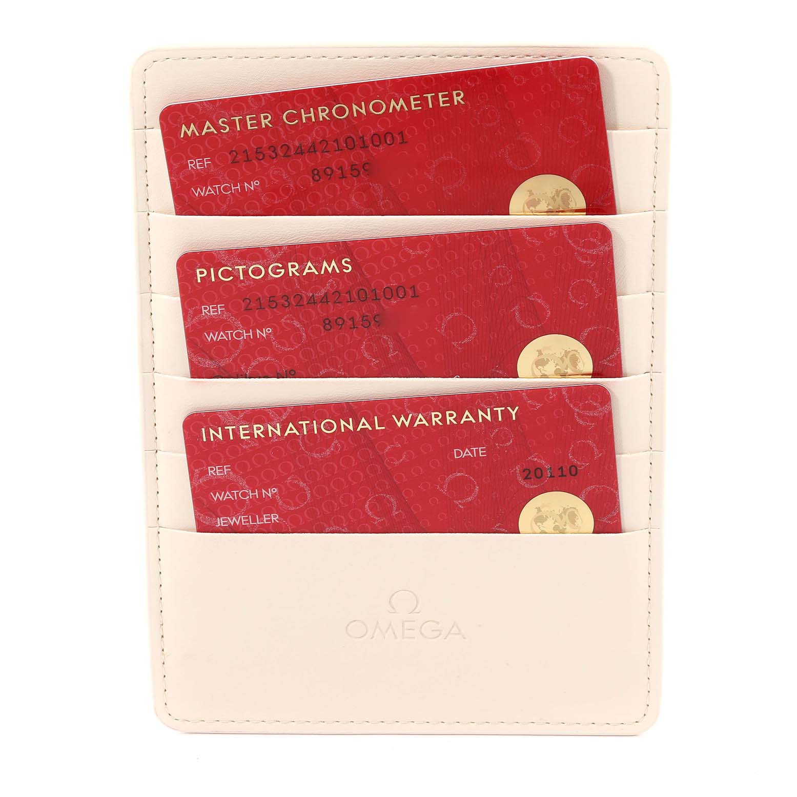 The image shows warranty, chronometer, and pictogram cards for the Omega Planet Ocean 215.32.44.21.01.001 Men's Stainless Steel Black Dial 215.32.44.21.01.001 Men's Stainless Steel Black Dial watch, displayed in a beige card holder.