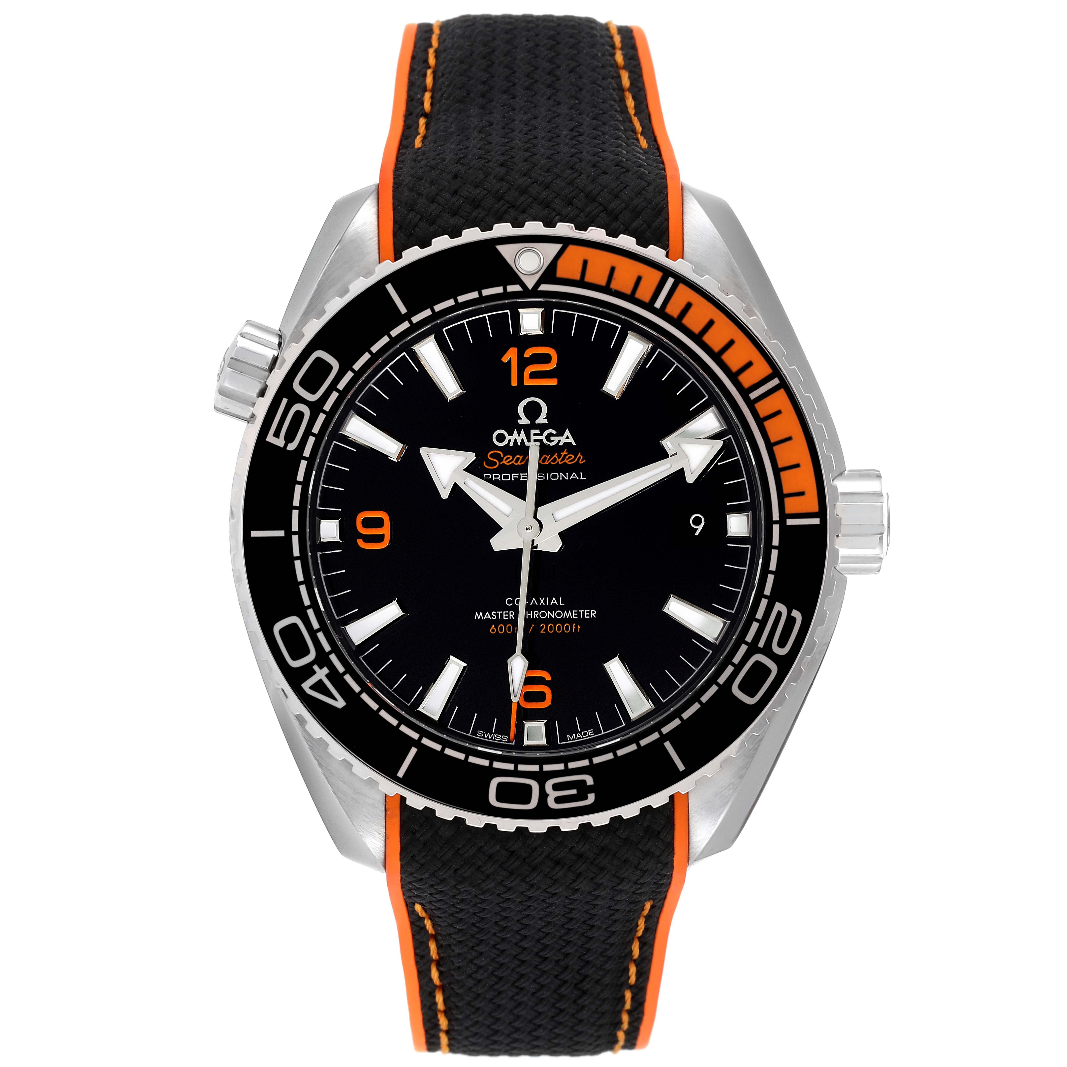 The image shows a front view of the Omega Planet Ocean 215.32.44.21.01.001 Men's Stainless Steel Black Dial 215.32.44.21.01.001 Men's Stainless Steel Black Dial model watch, highlighting its black dial, orange accents, and black strap.