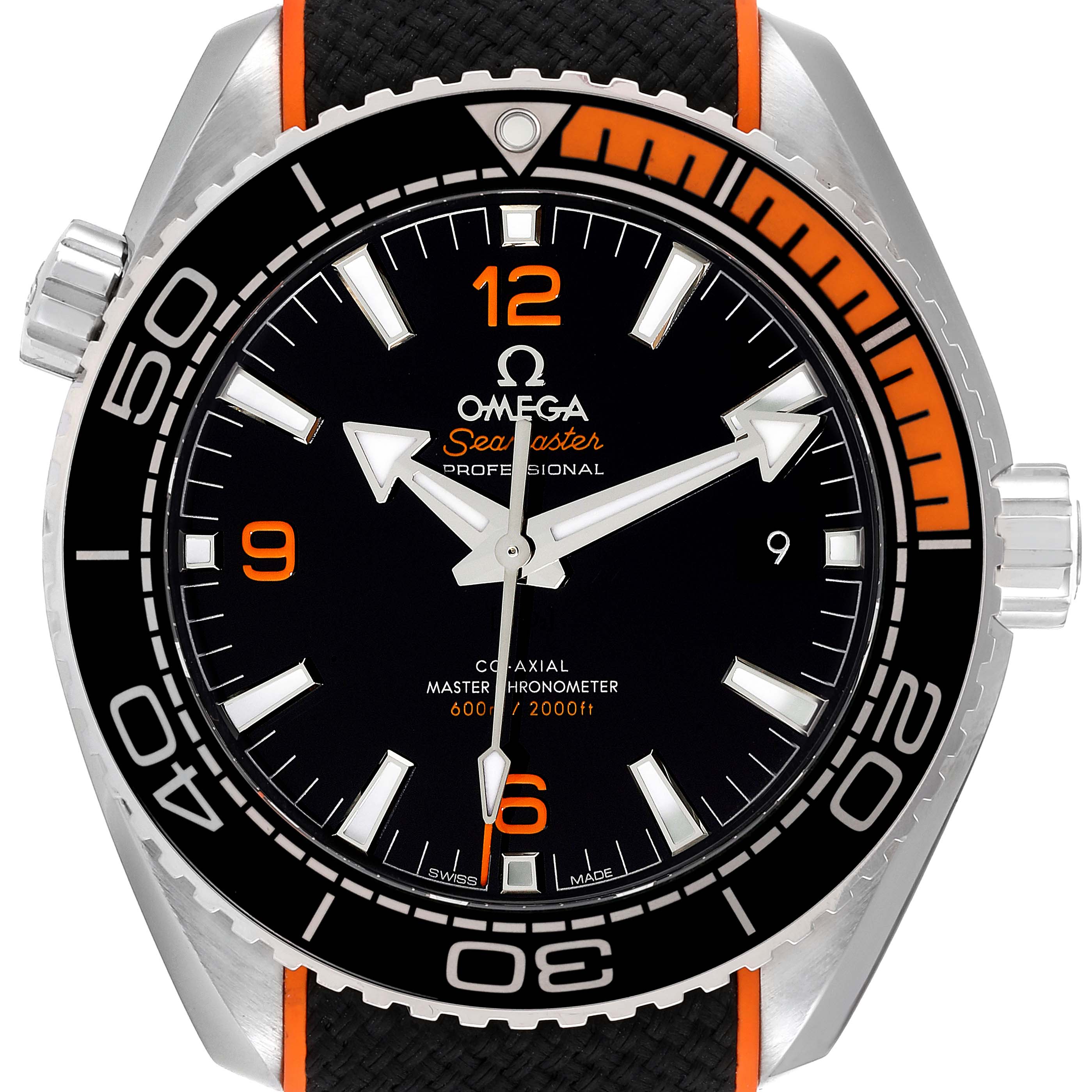 The image shows a front view of the Omega Seamaster Planet Ocean watch with a black and orange bezel and rubber strap.