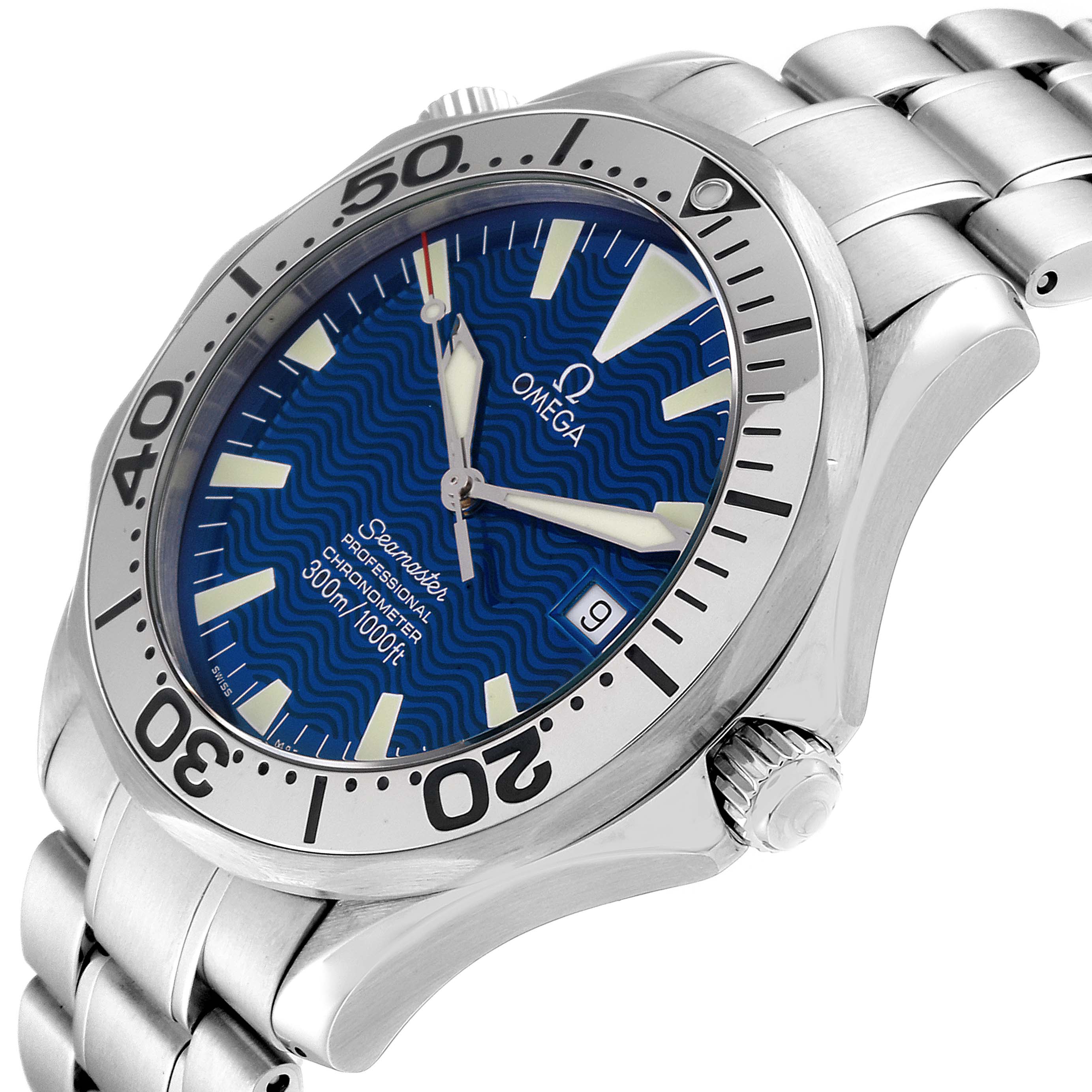 The Omega Seamaster 2255.80.00 Men's Stainless Steel Blue Dial 2255.80.00 Men's Stainless Steel Blue Dial watch is shown at an oblique angle, displaying the bezel, dial, and stainless steel bracelet.