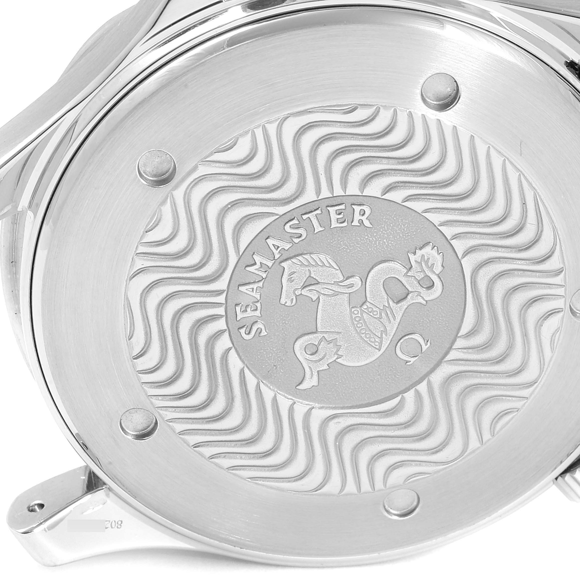 This image shows the case back of an Omega Seamaster 2255.80.00 Men's Stainless Steel Blue Dial 2255.80.00 Men's Stainless Steel Blue Dial watch, featuring the Seamaster logo and wave pattern.