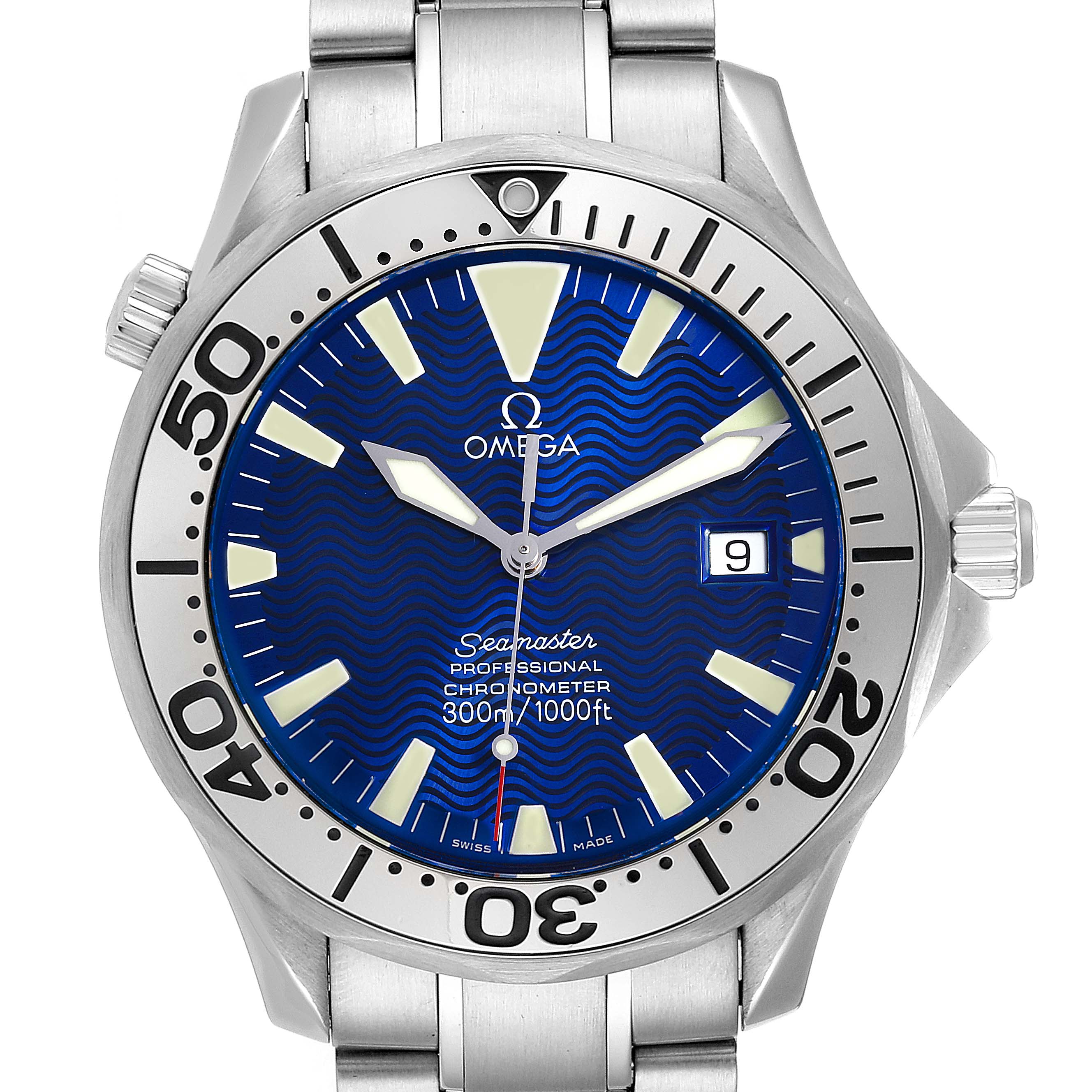 The image shows a front-facing view of the Omega Seamaster 2255.80.00 Men's Stainless Steel Blue Dial 2255.80.00 Men's Stainless Steel Blue Dial watch, highlighting its blue dial, bezel, and stainless steel bracelet.
