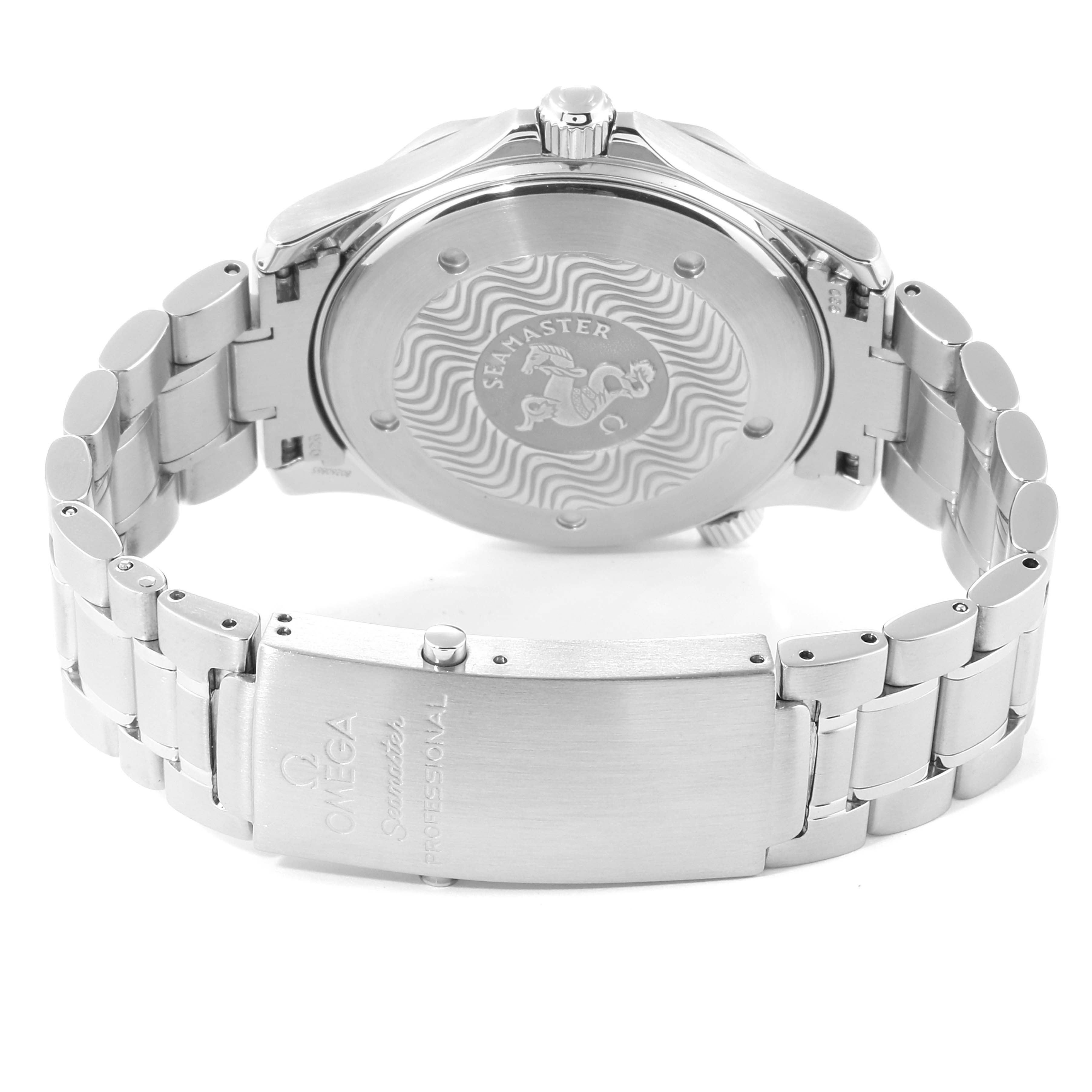 The image shows the back case and bracelet of an Omega Seamaster 2255.80.00 Men's Stainless Steel Blue Dial 2255.80.00 Men's Stainless Steel Blue Dial watch, highlighting the engraved logo and clasp.
