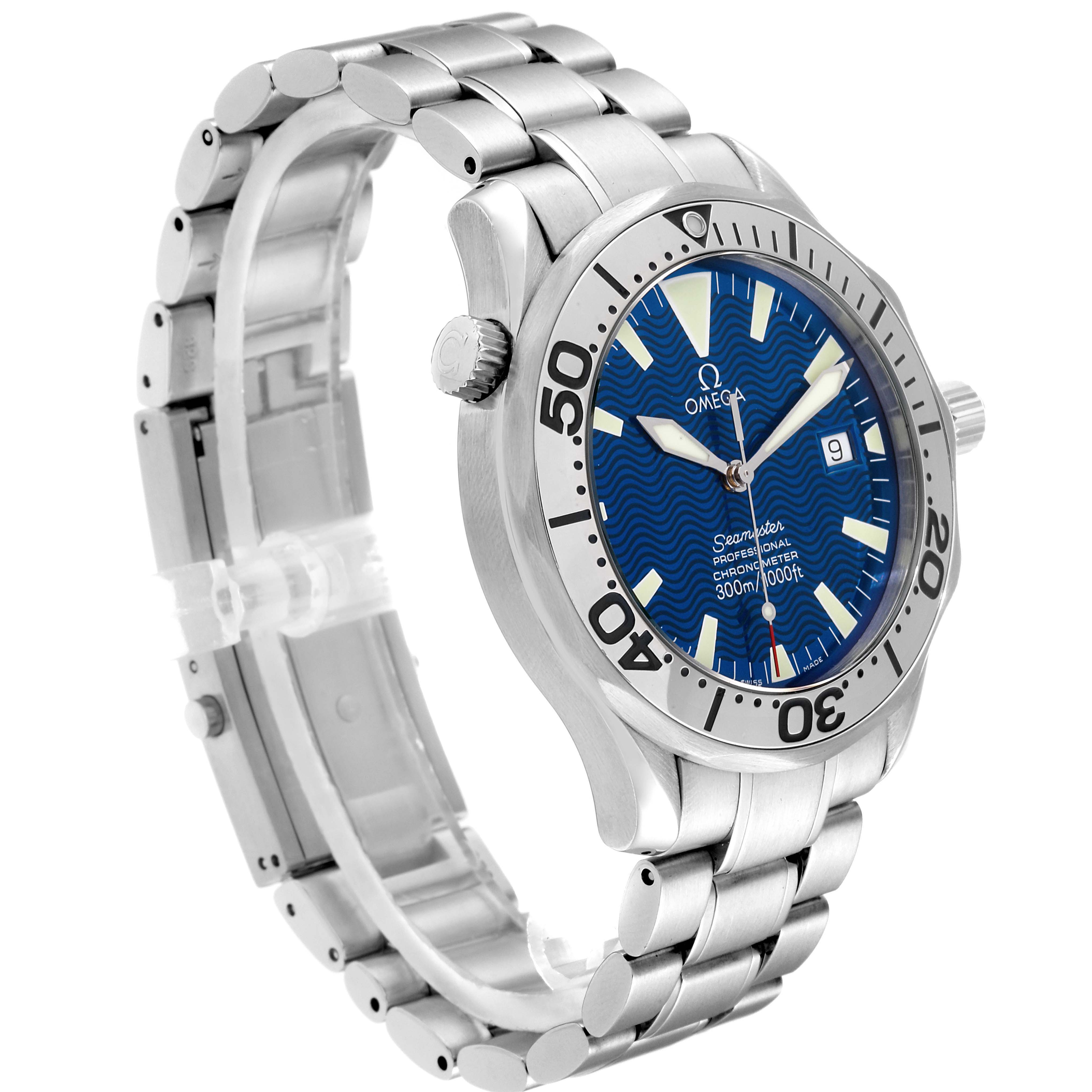 This Omega Seamaster 2255.80.00 Men's Stainless Steel Blue Dial 2255.80.00 Men's Stainless Steel Blue Dial watch is shown at a three-quarter angle, displaying its blue dial, bezel, bracelet, and crown.
