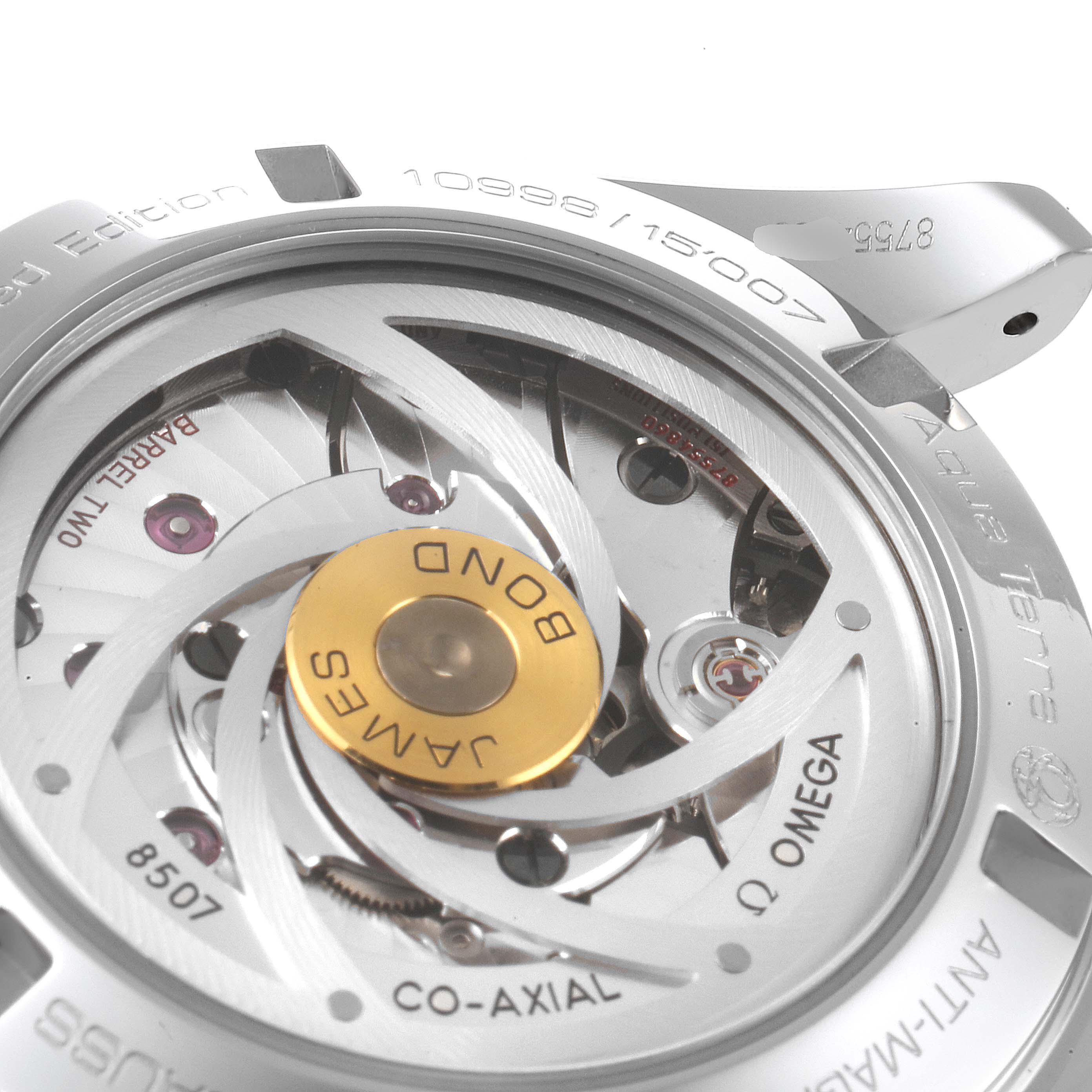 The image shows the back view of the Omega Aqua Terra 231.10.42.21.03.004 Men's Stainless Steel Blue Dial 231.10.42.21.03.004 Men's Stainless Steel Blue Dial watch, highlighting its exposed mechanical movement.