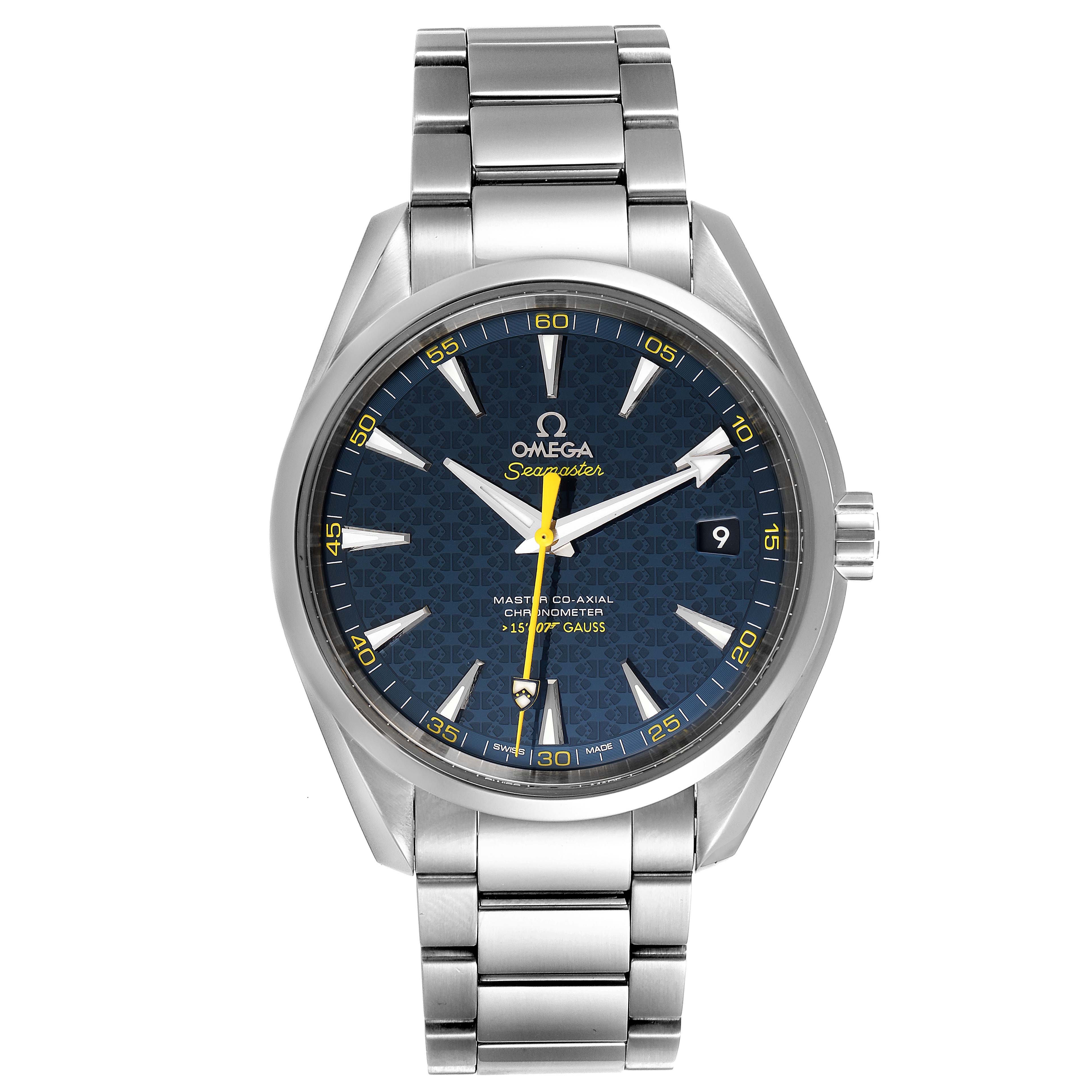 The image shows a front-facing view of an Omega Aqua Terra 231.10.42.21.03.004 Men's Stainless Steel Blue Dial 231.10.42.21.03.004 Men's Stainless Steel Blue Dial watch, highlighting the dial, case, and stainless steel bracelet.