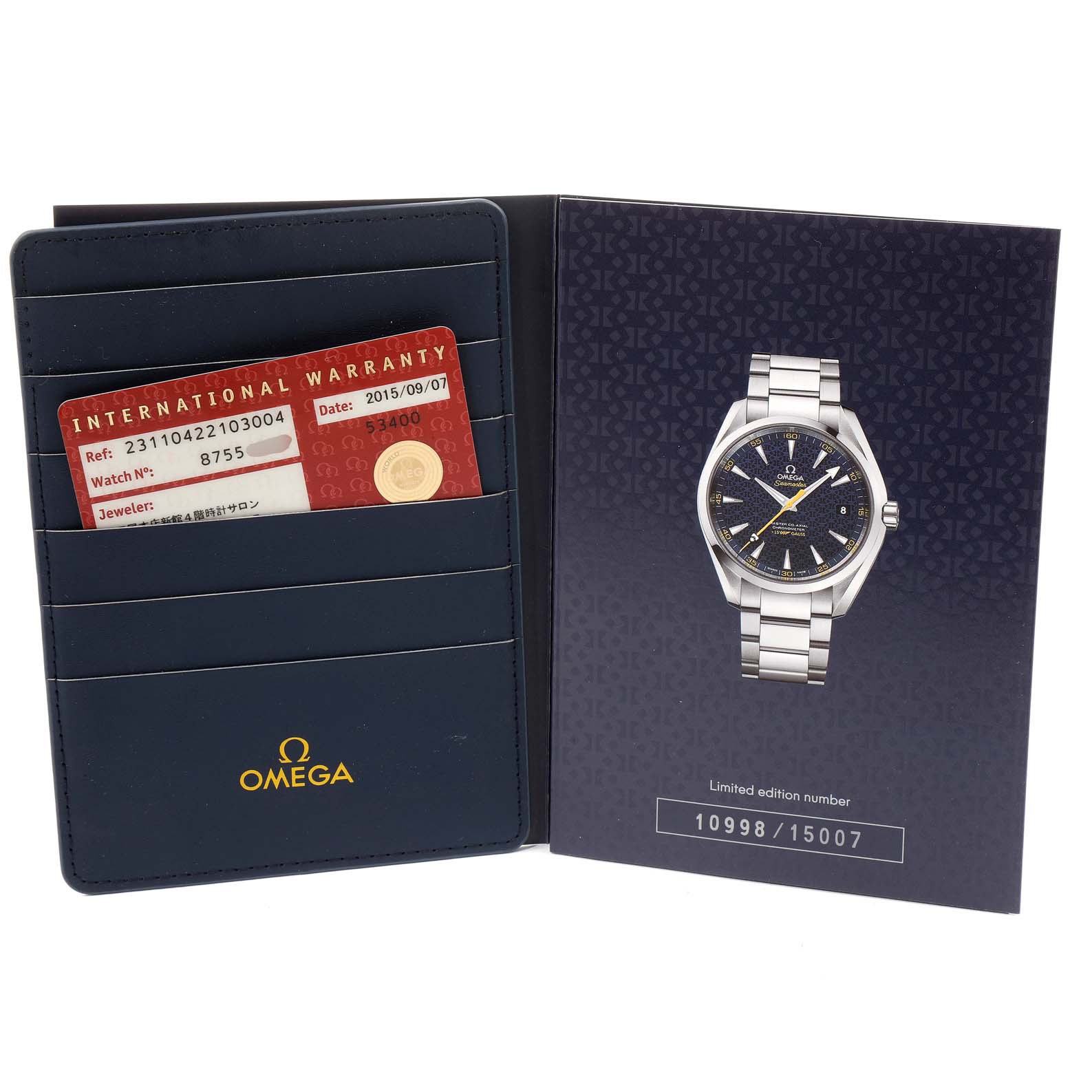 The image shows the warranty card holder and brochure for the Omega Aqua Terra 231.10.42.21.03.004 Men's Stainless Steel Blue Dial 231.10.42.21.03.004 Men's Stainless Steel Blue Dial watch, featuring an image of the watch and limited edition number.