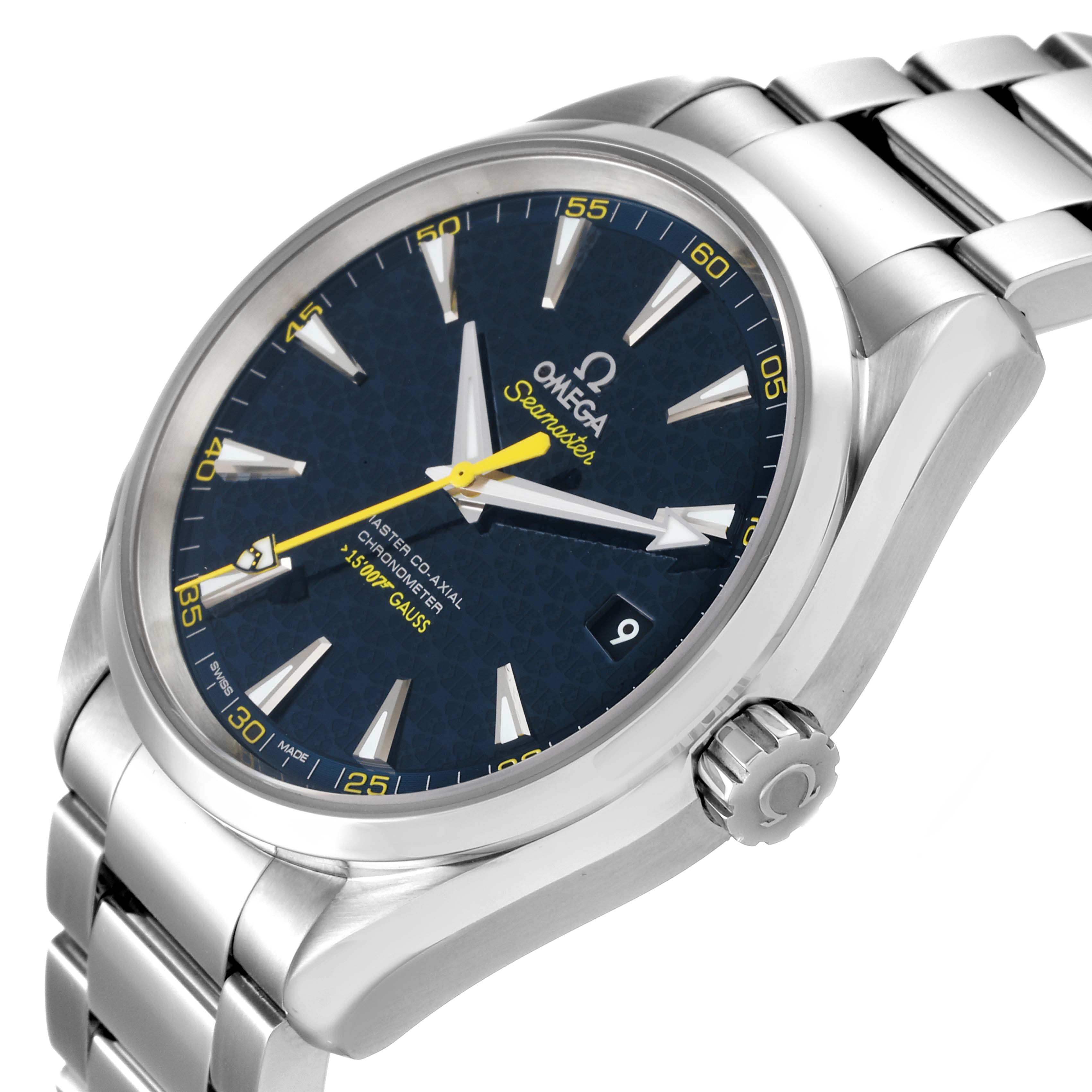 The image shows an angled view of the Omega Aqua Terra 231.10.42.21.03.004 Men's Stainless Steel Blue Dial 231.10.42.21.03.004 Men's Stainless Steel Blue Dial watch, displaying its face, crown, and bracelet.