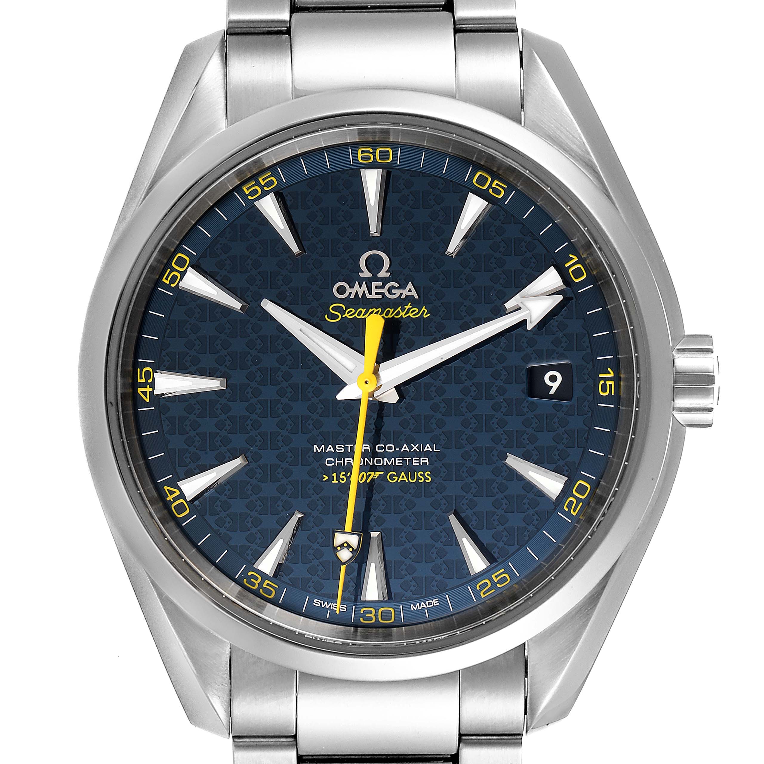 The image shows a front view of the Omega Aqua Terra 231.10.42.21.03.004 Men's Stainless Steel Blue Dial 231.10.42.21.03.004 Men's Stainless Steel Blue Dial watch, highlighting the face, crown, and part of the bracelet.